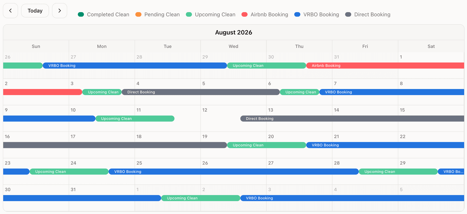 GleamSync cleaning calendar showing bookings and clean schedules