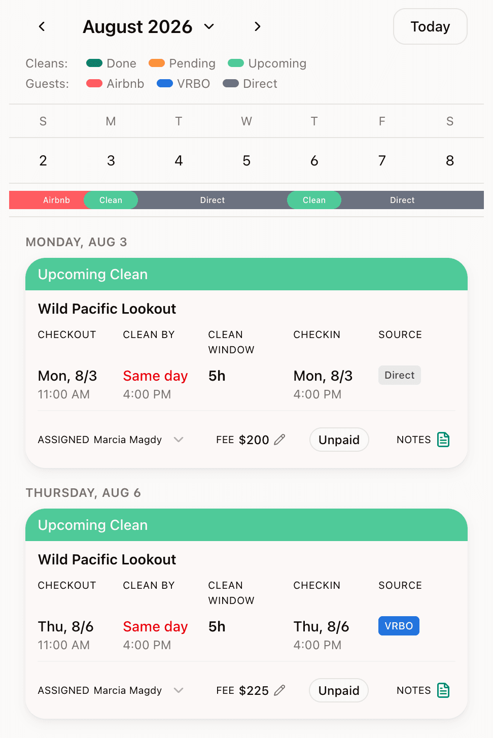 GleamSync cleaning calendar showing bookings and clean schedules