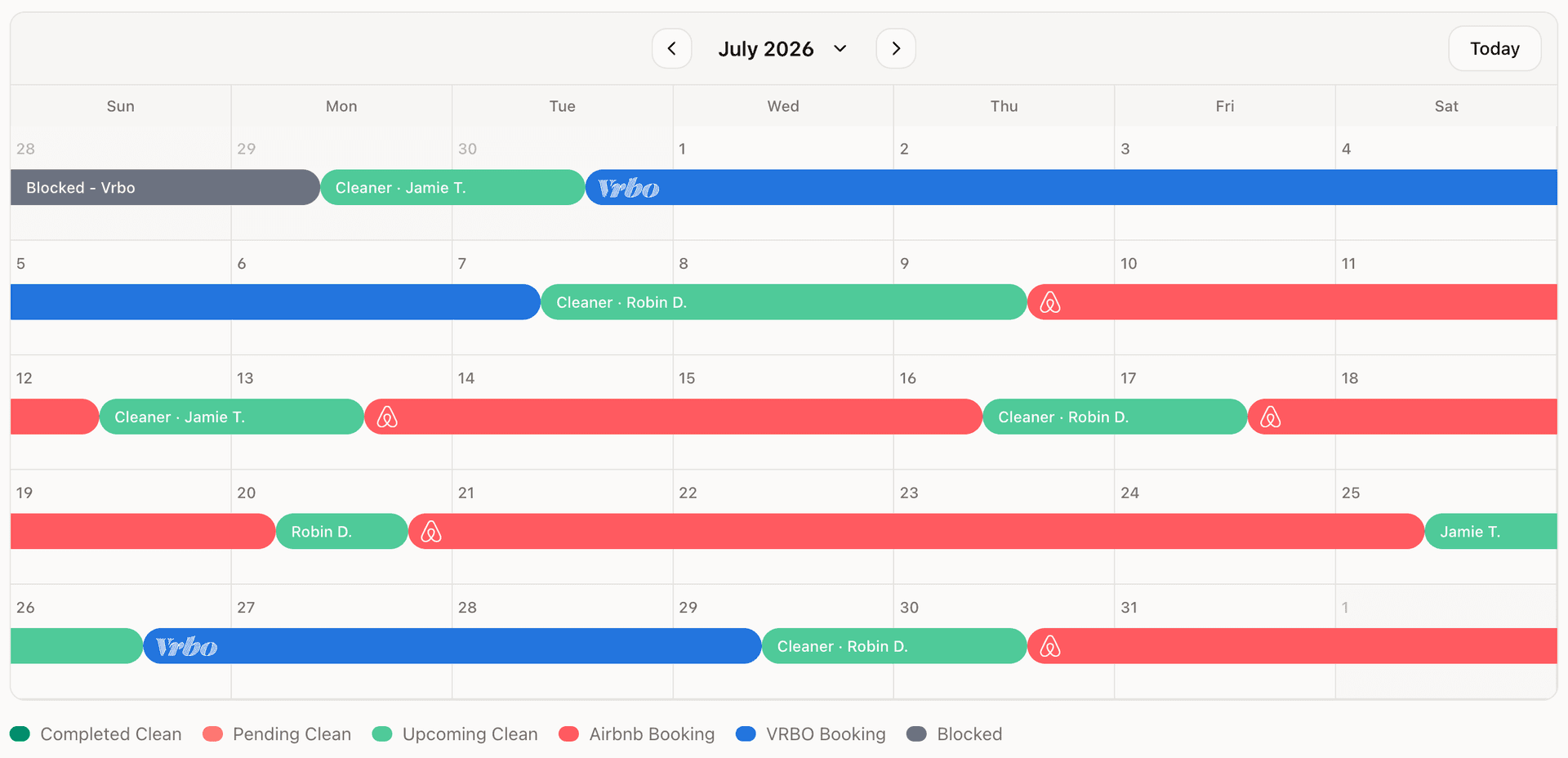 GleamSync owner calendar view showing bookings and clean windows