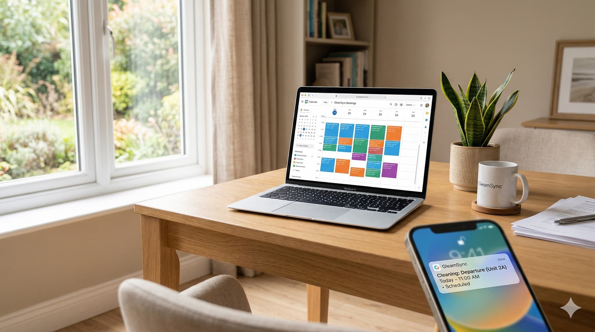 Host reviewing a vacation rental booking calendar on a laptop while their cleaner reads a schedule on a smartphone nearby