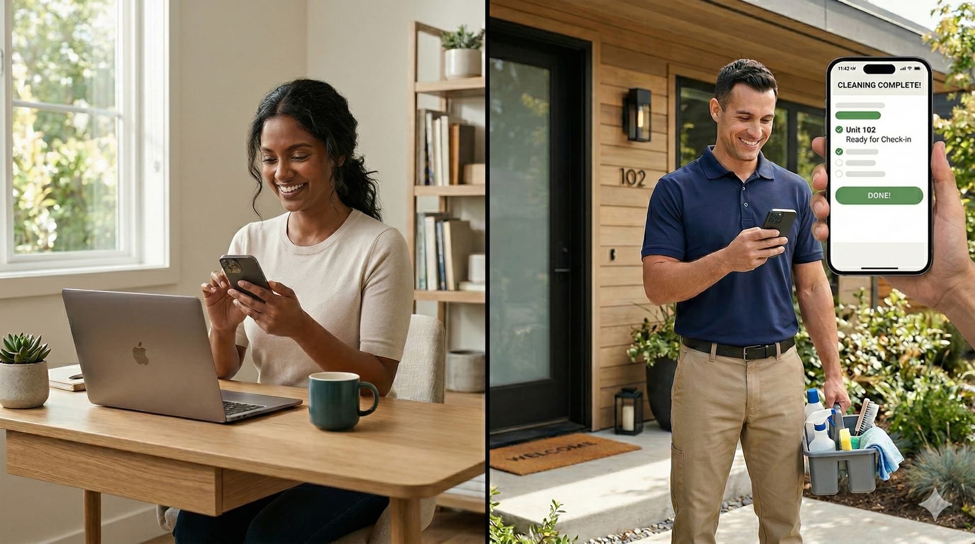 Vacation rental owner smiling at a cleaning notification on her phone while her cleaner marks a turnover complete outside the property