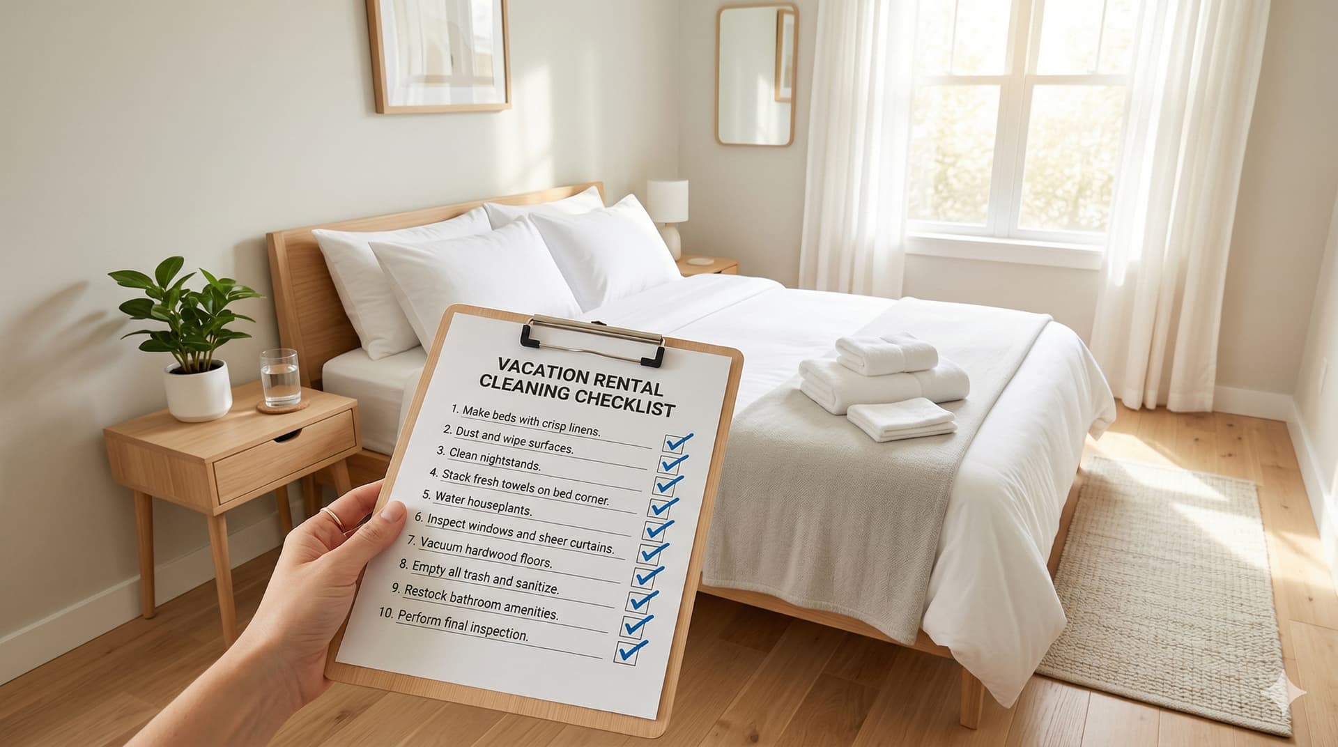 Freshly made bed with crisp white linens in a clean, sunlit vacation rental bedroom ready for guests with a cleaner holding a cleaning checklist for the unit