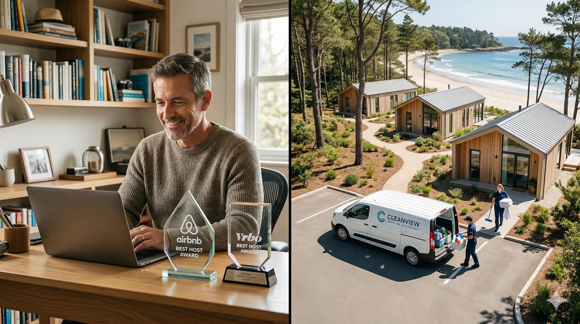 Split-screen image showing a smiling vacation rental host working on his laptop in a home office with Airbnb and VRBO awards on his desk, while a professional cleaning crew arrives at a beachside vacation rental cottage complex in a branded van