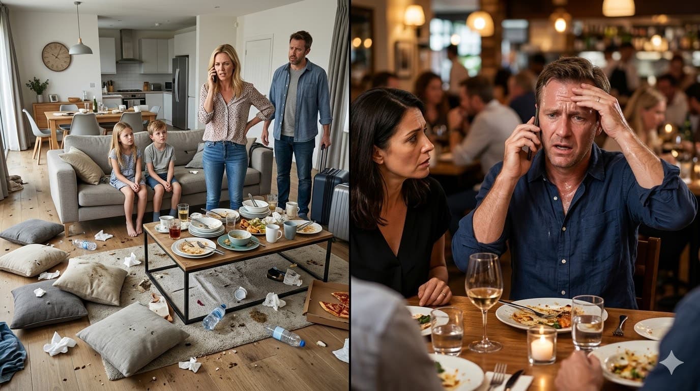 Split image: a family arriving to a dirty vacation rental on the left, and the vacation rental owner receiving a stressful phone call at a restaurant on the right