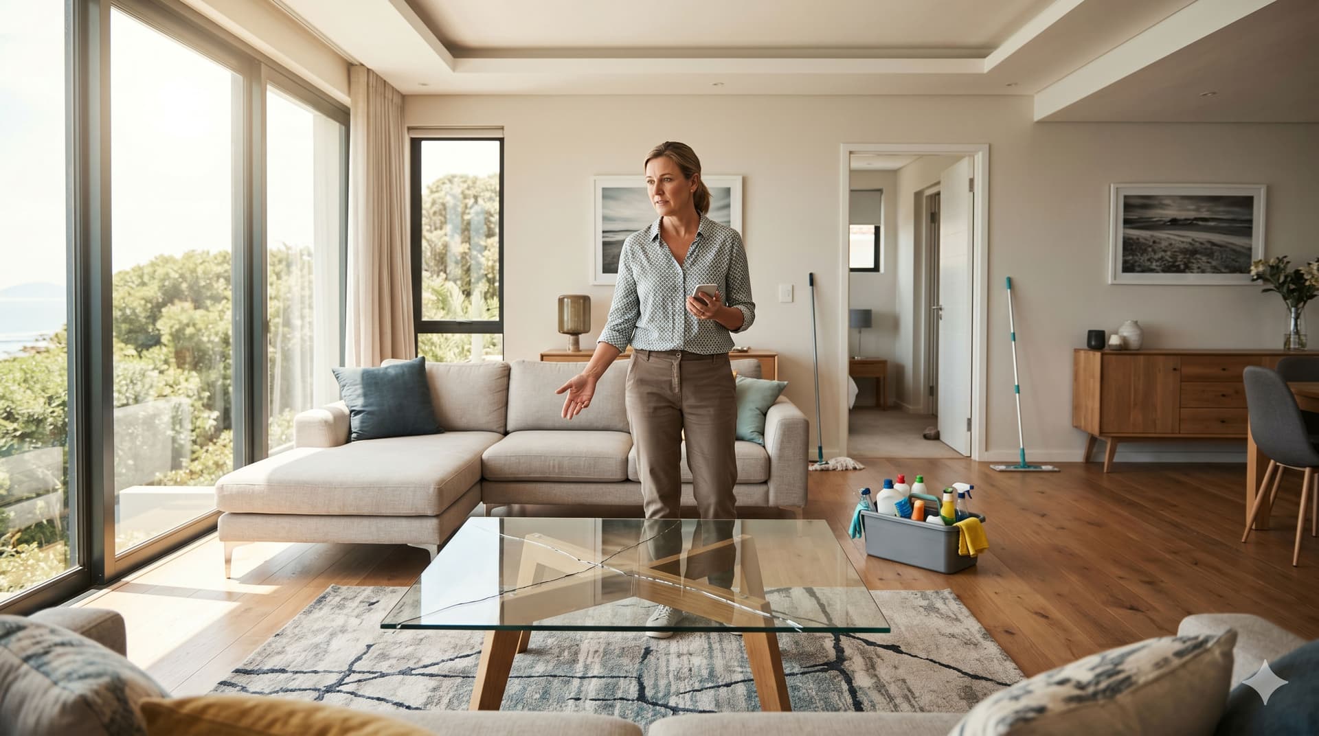 Vacation rental host holding her phone and examining a cracked glass coffee table in a sunlit living room, with a cleaning caddy and mop visible behind her during a turnover clean