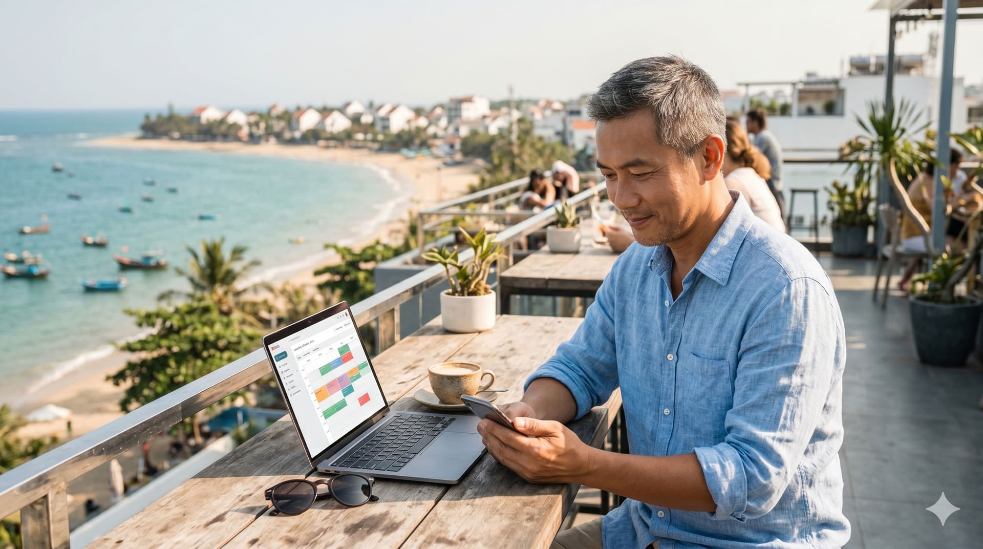 Vacation rental host managing his Airbnb remotely from a rooftop cafe overlooking a coastal town, checking his phone with a booking calendar open on his laptop
