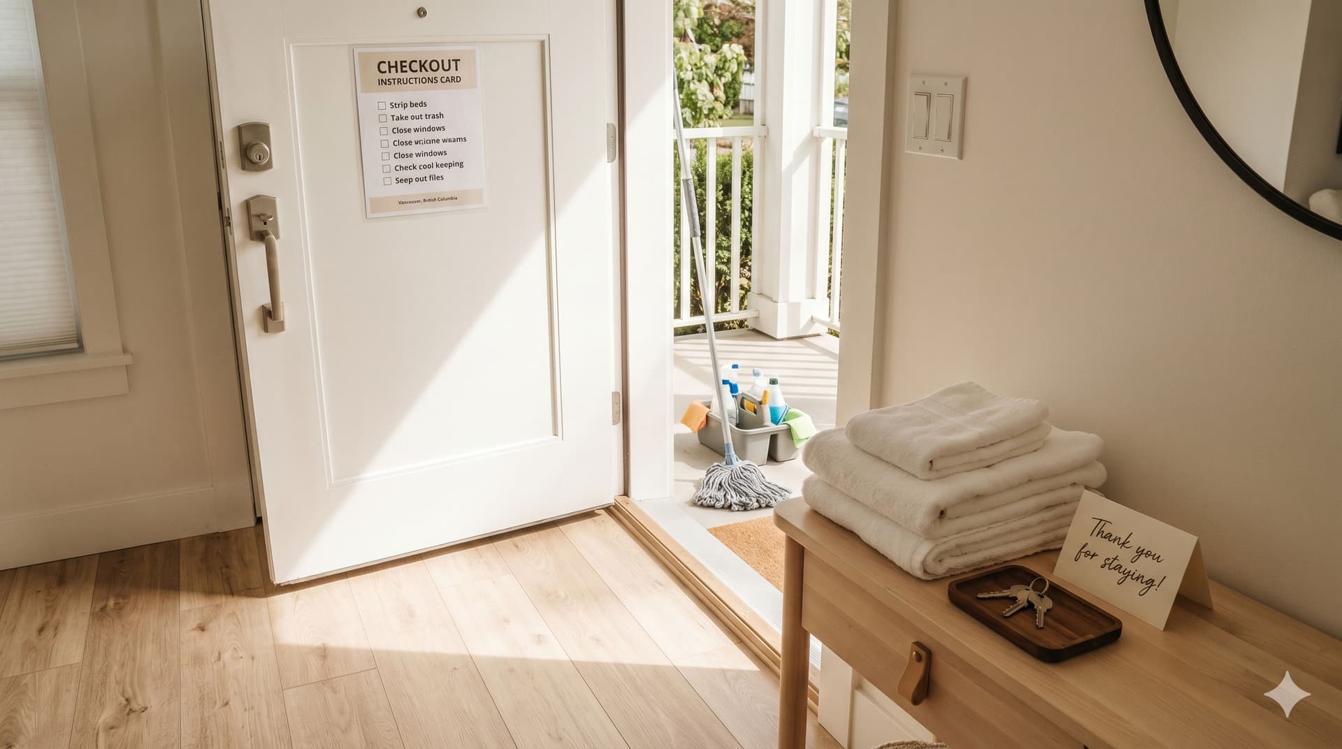 Checkout instructions card on the back of a vacation rental front door with checkboxes visible, folded towels and keys on a console table, and a cleaning caddy on the sunlit porch outside