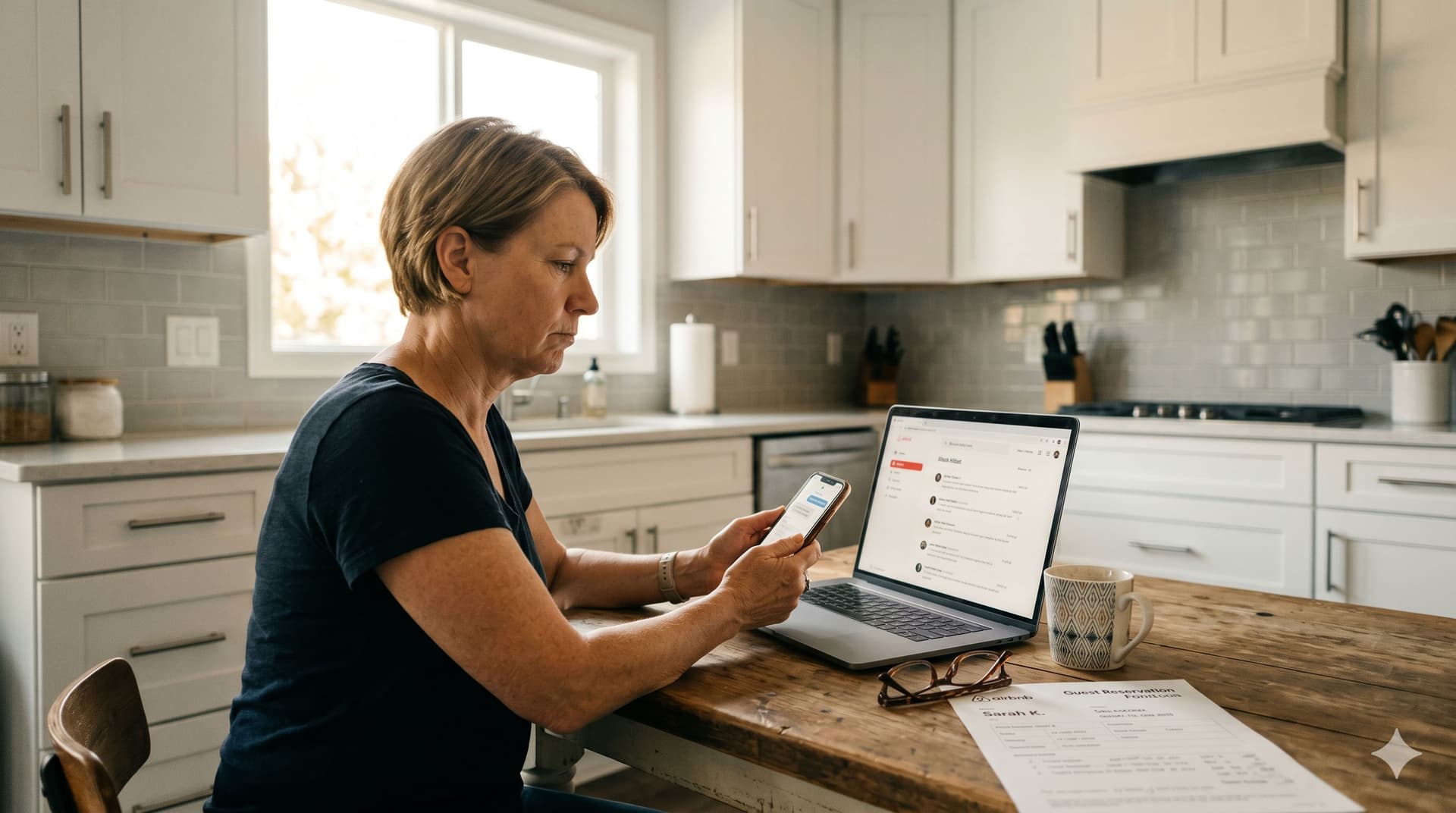 Vacation rental host looking skeptically at a suspicious guest message on her phone with her Airbnb inbox open on a laptop
