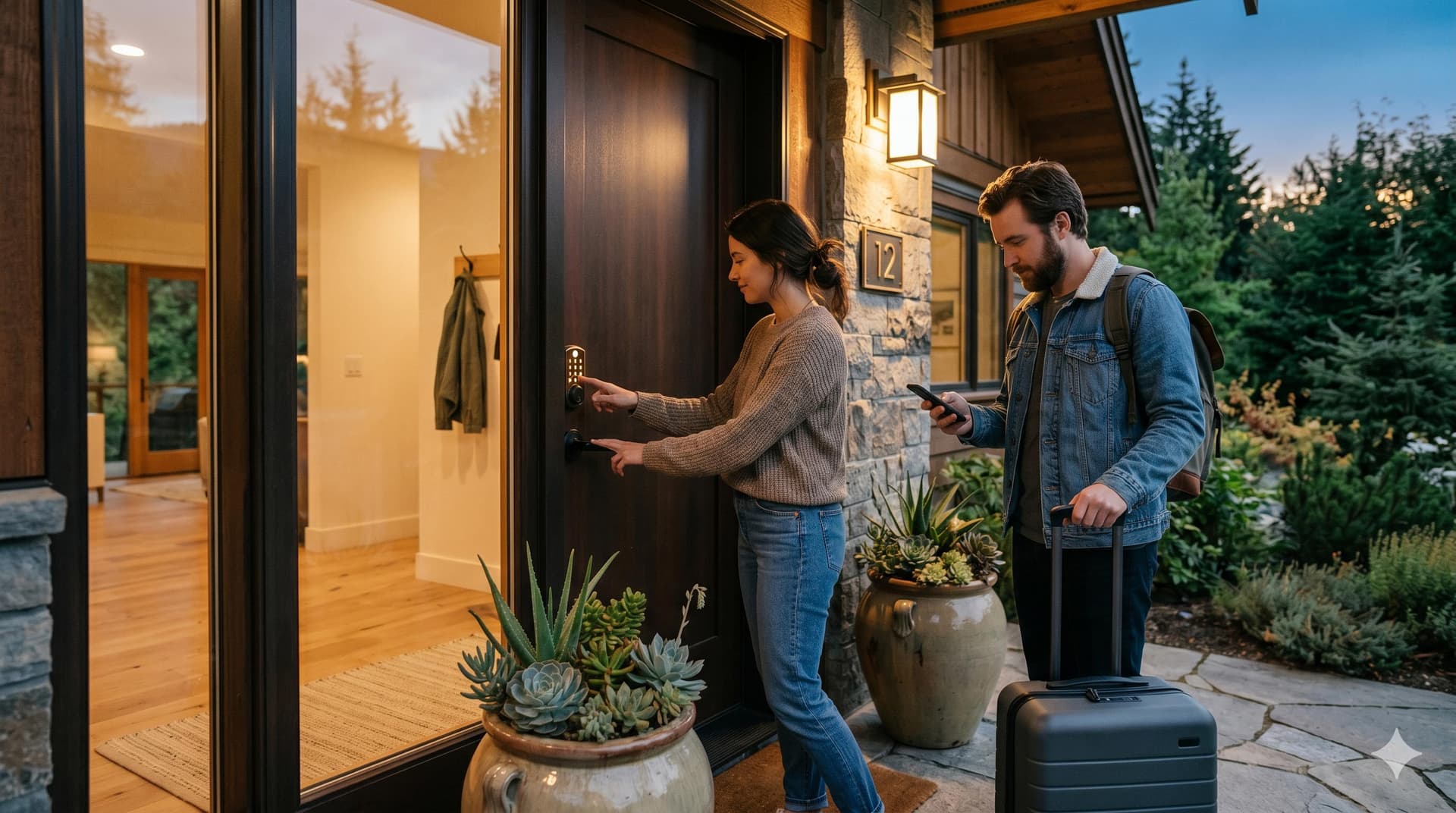 Guest entering an access code on a smart lock keypad at the front door of a modern vacation rental property