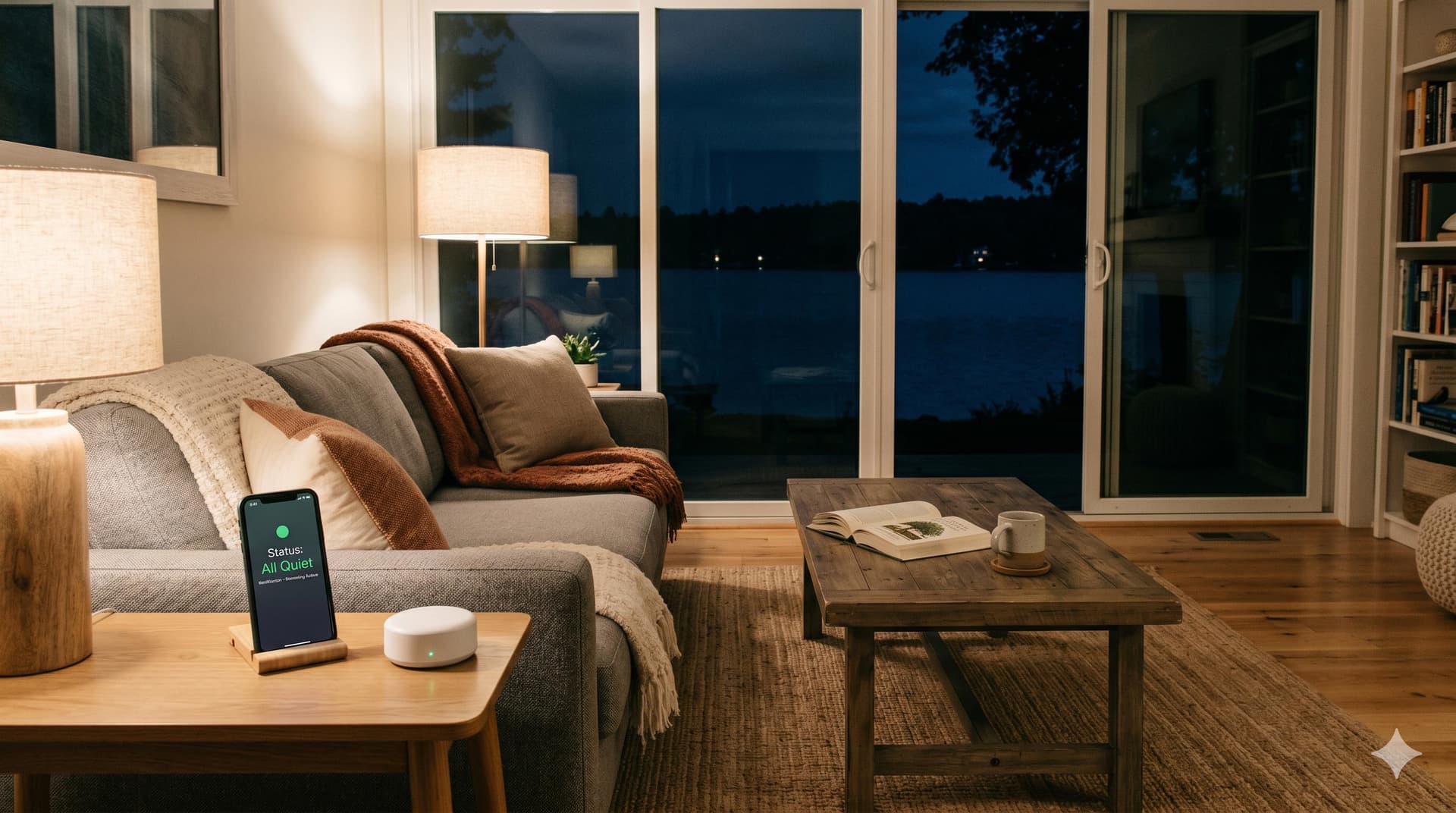Vacation rental living room at night with a small noise monitoring device on a side table next to a phone showing an all-quiet notification, with a calm lakeside view through the windows