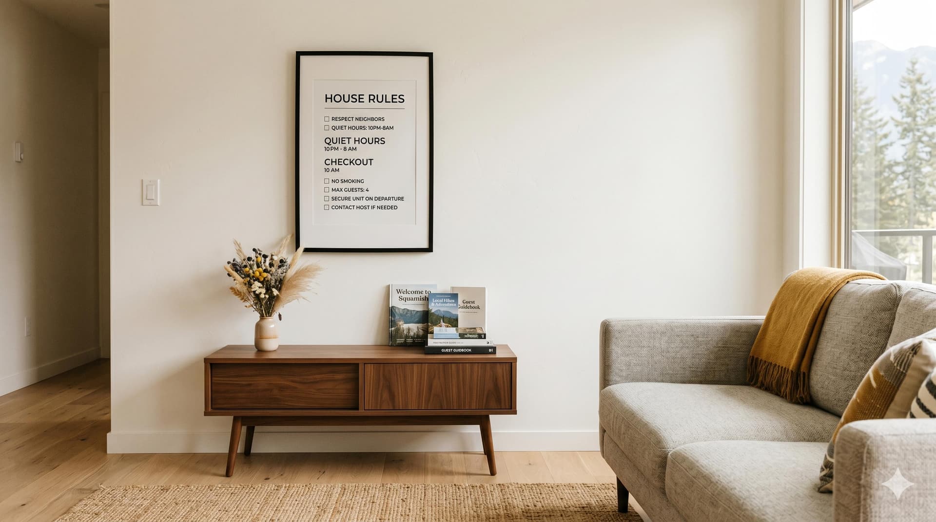 Framed house rules print with clean typography hanging on a vacation rental living room wall above a console table with welcome books