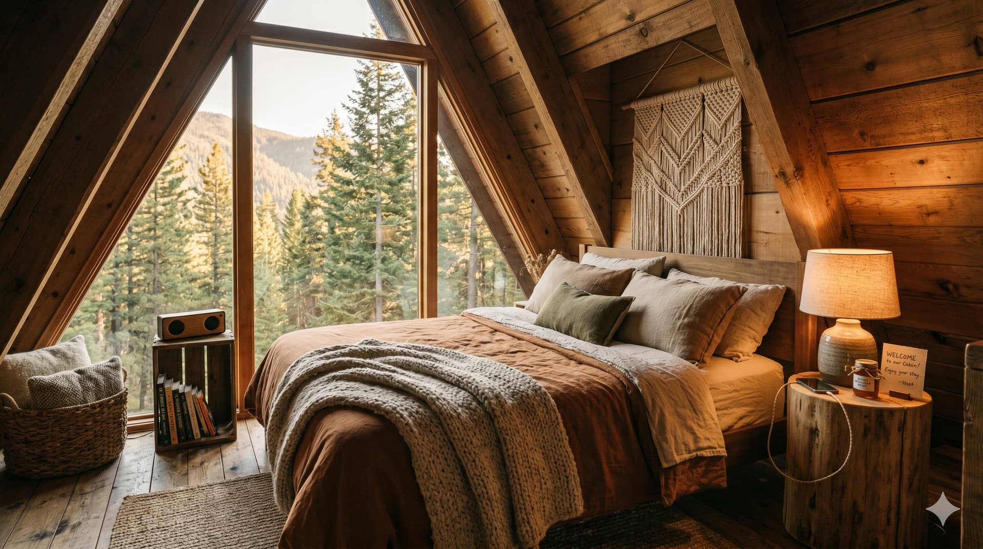 A-frame cabin bedroom loft with layered earth-tone linens, a welcome gift of local honey on a rustic bedside table, hiking books, and a Bluetooth speaker, with pine trees visible through a triangular window