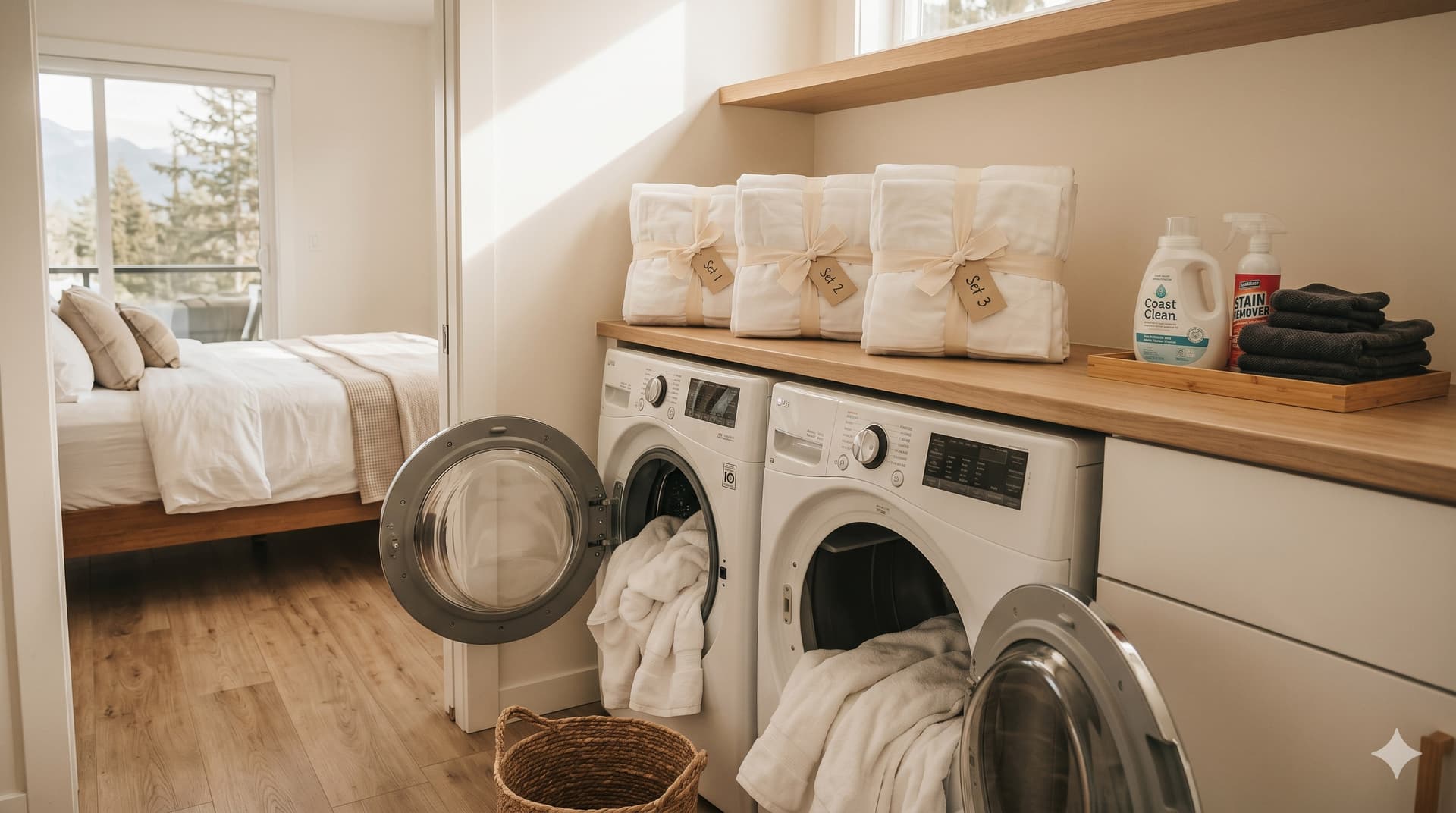 Vacation rental laundry area during a turnover with three labeled linen sets on a shelf, white towels transferring between washer and dryer, and a freshly made bed visible through the doorway