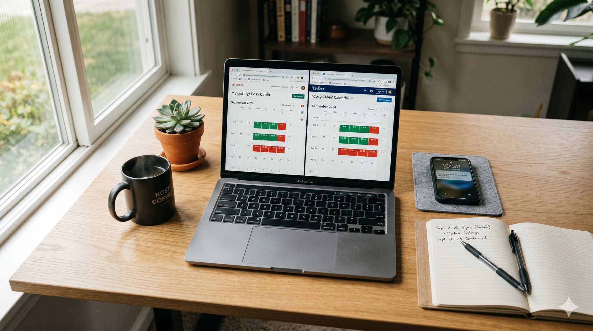 Laptop showing synced Airbnb and VRBO booking calendars side by side on a tidy home office desk with a phone displaying a calendar notification