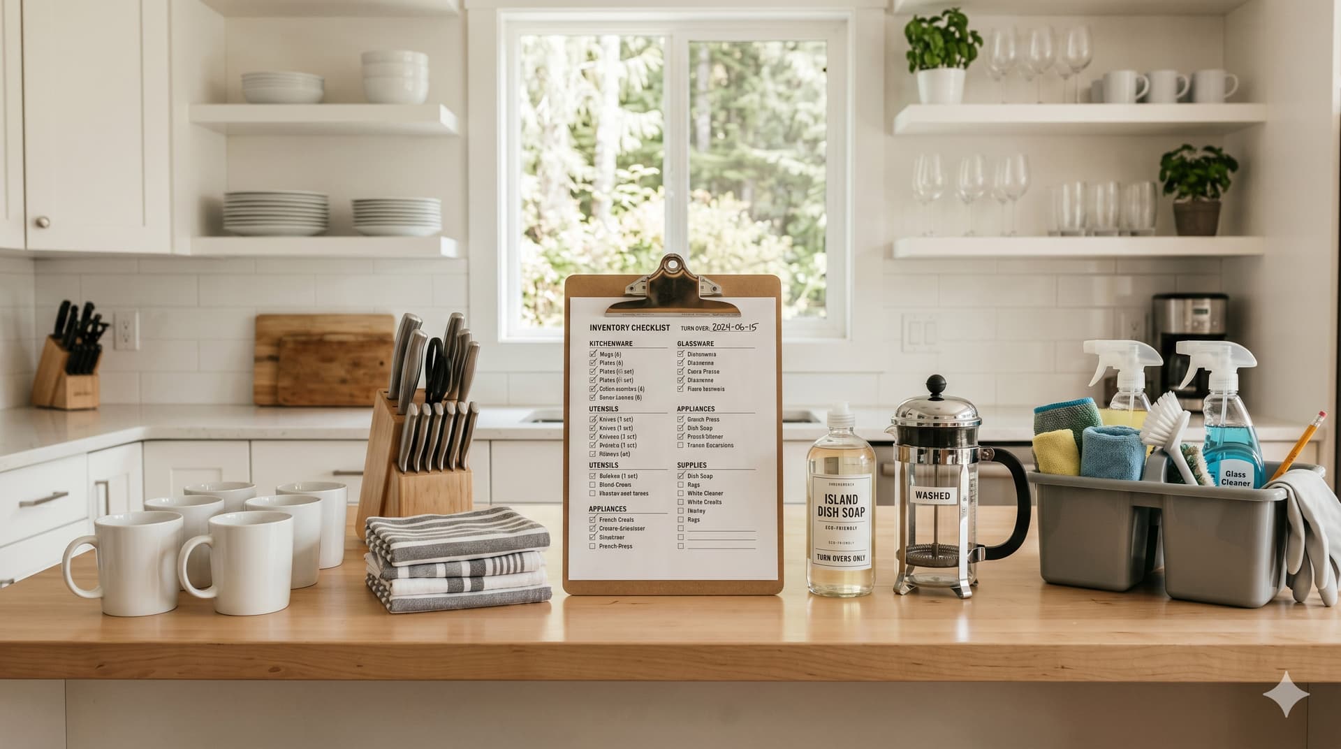 Laminated vacation rental inventory checklist on a clipboard surrounded by kitchen essentials including mugs, a knife block, towels, and a coffee maker on a bright kitchen counter