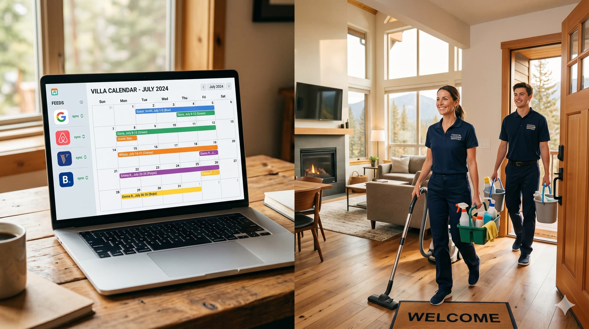 Split view of a booking calendar with color-coded reservations on a laptop screen and a cleaning crew arriving at a vacation rental for an automated turnover