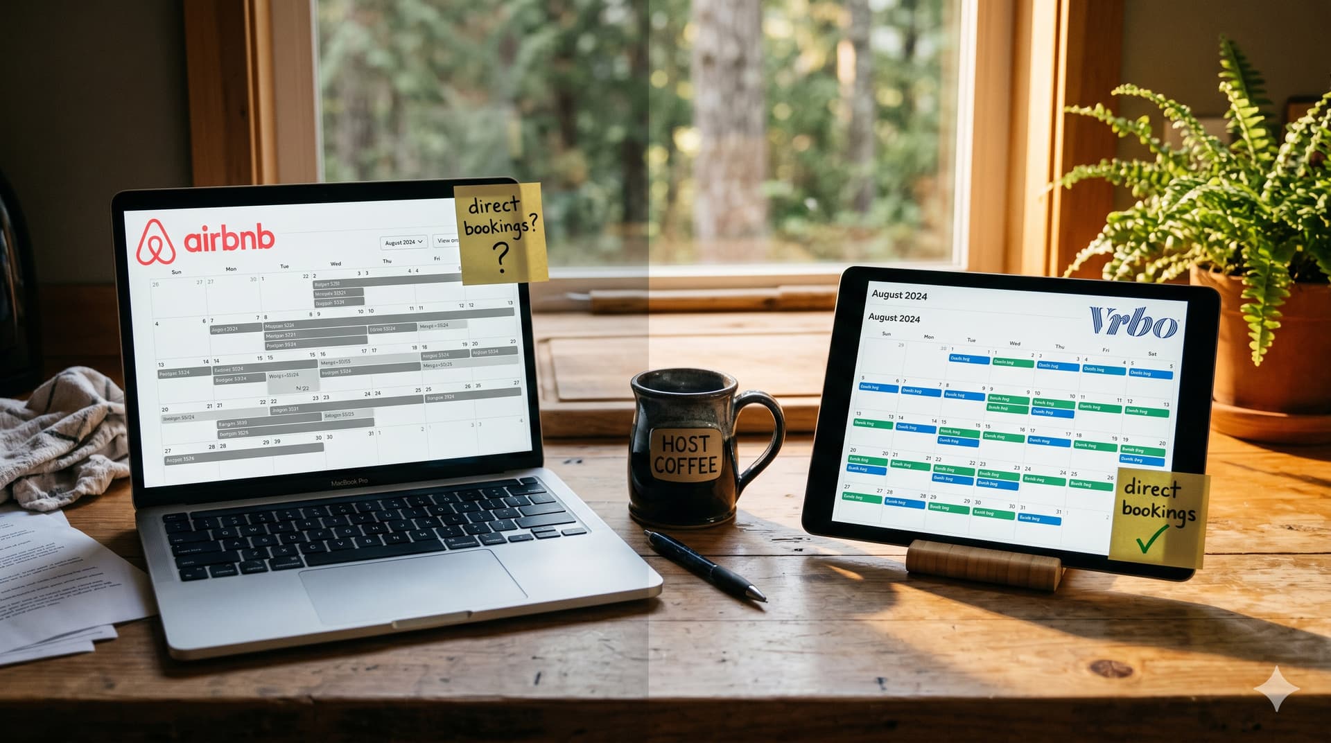 Side-by-side comparison of Airbnb and VRBO booking calendars, showing Airbnb's chaotic merged blocks versus VRBO's clean separated bookings for managing direct bookings