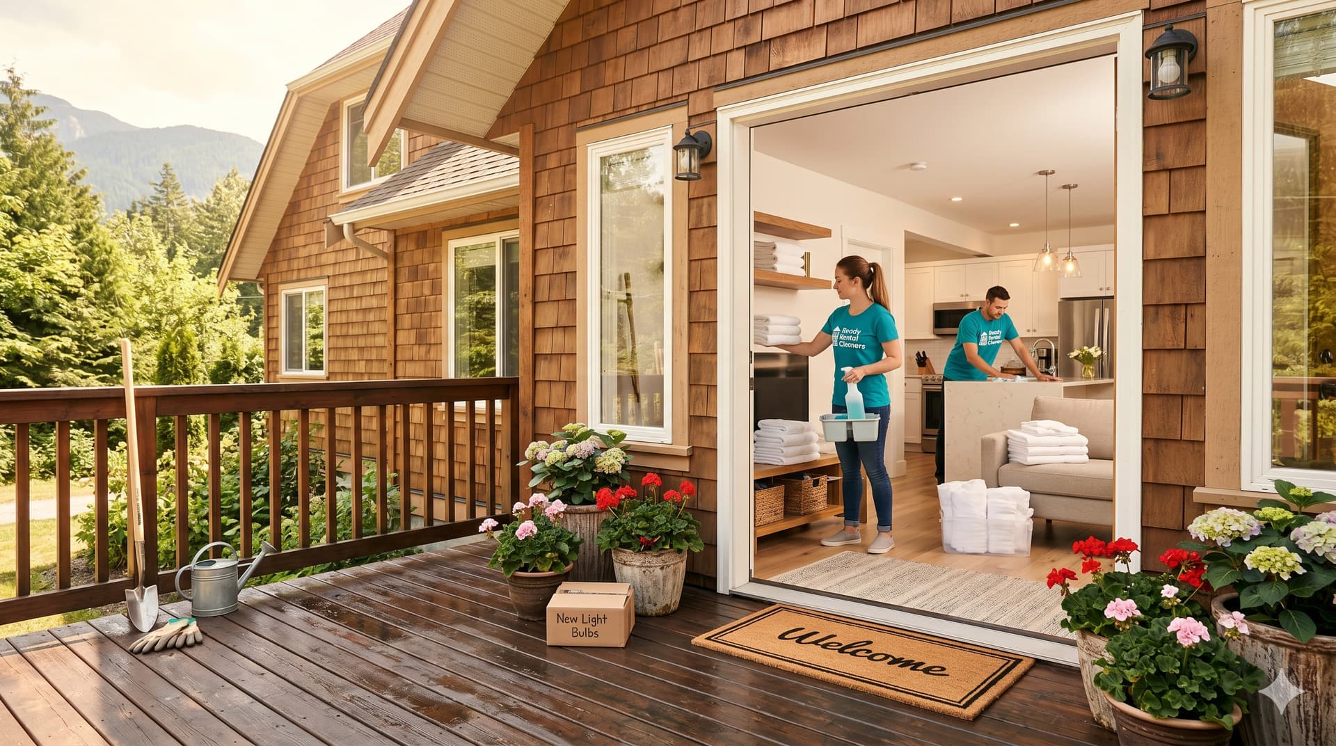 Vacation rental property being prepared for peak season with a freshly cleaned porch, potted flowers, and a cleaning crew carrying fresh linens through the bright interior