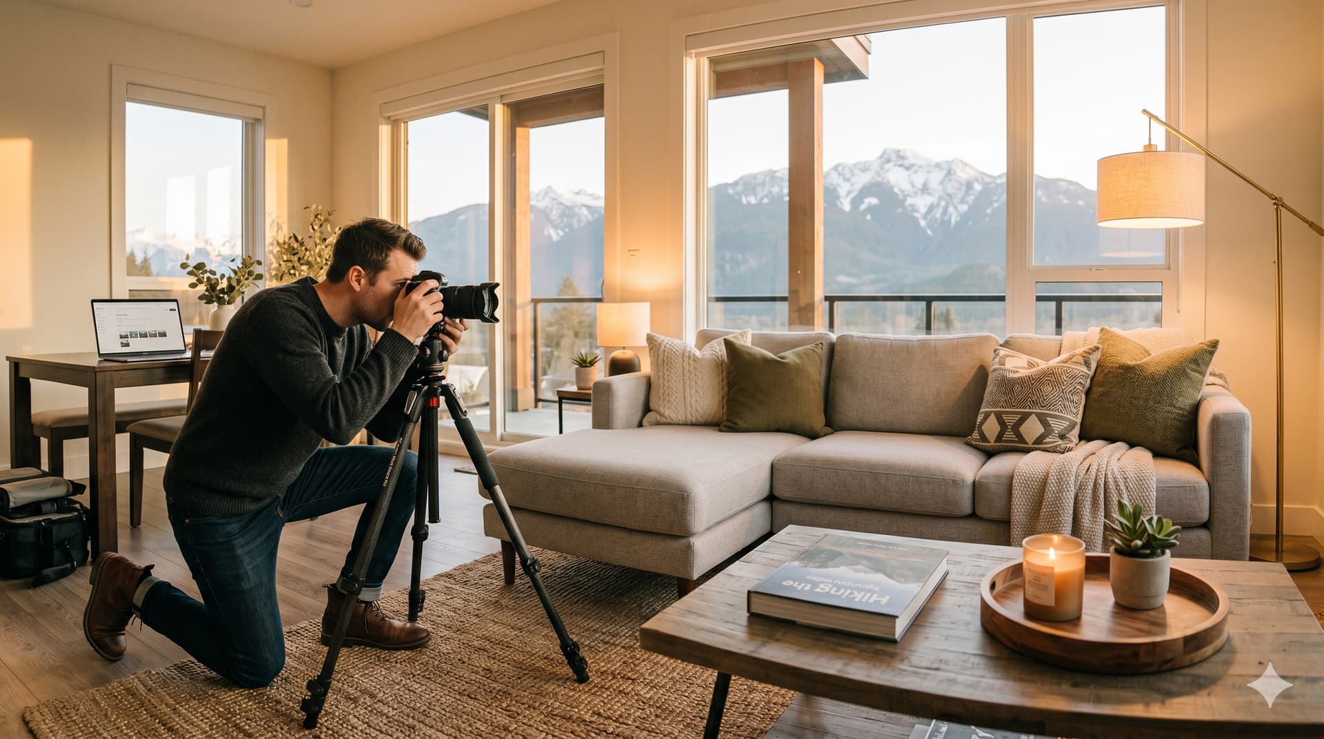 Professional photographer shooting a beautifully staged vacation rental living room with a mountain view, with an Airbnb listing editor open on a laptop in the background