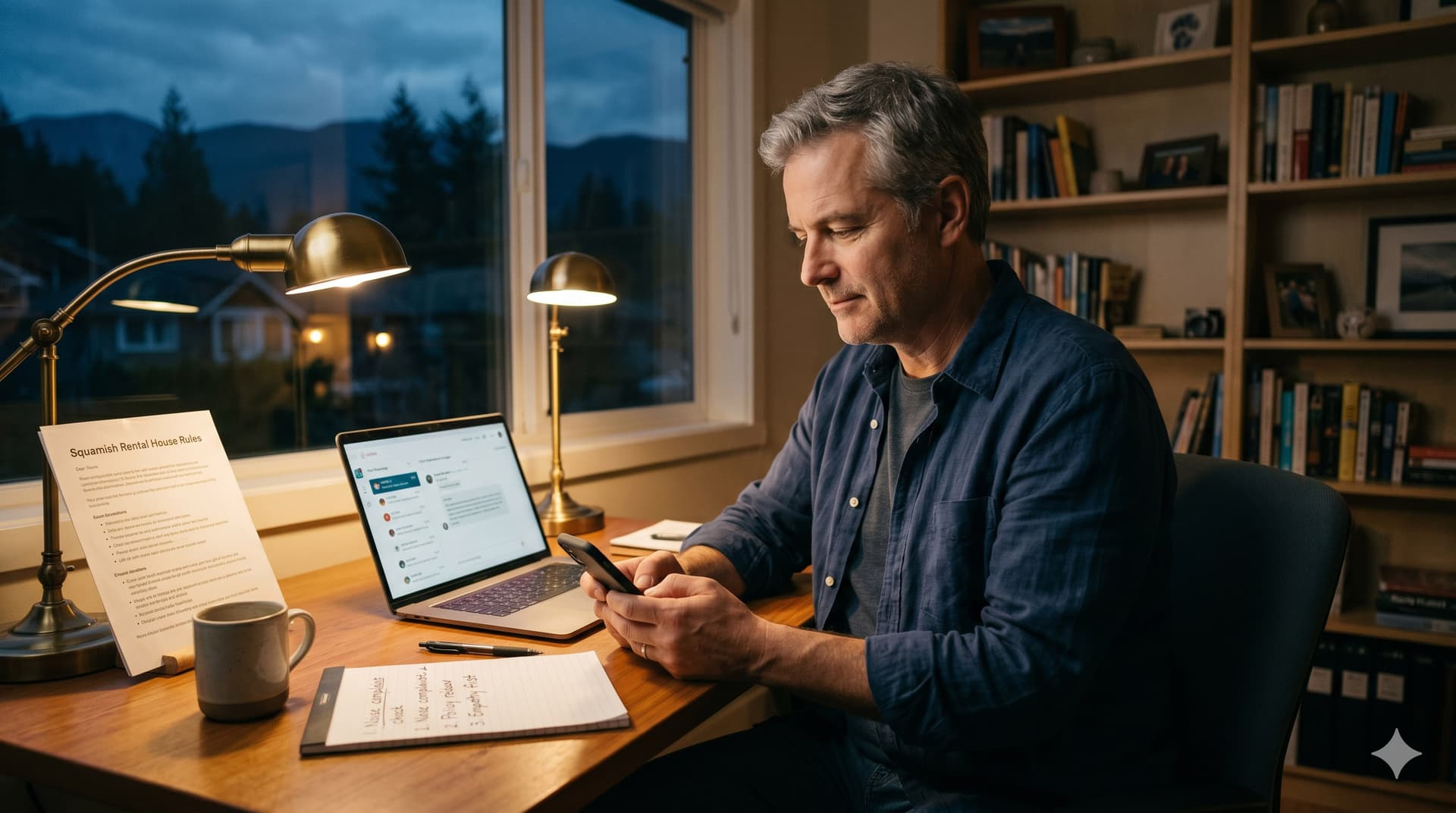 Vacation rental host calmly composing a response on his phone at his home office desk at night, with an Airbnb inbox open on his laptop and house rules printed beside him