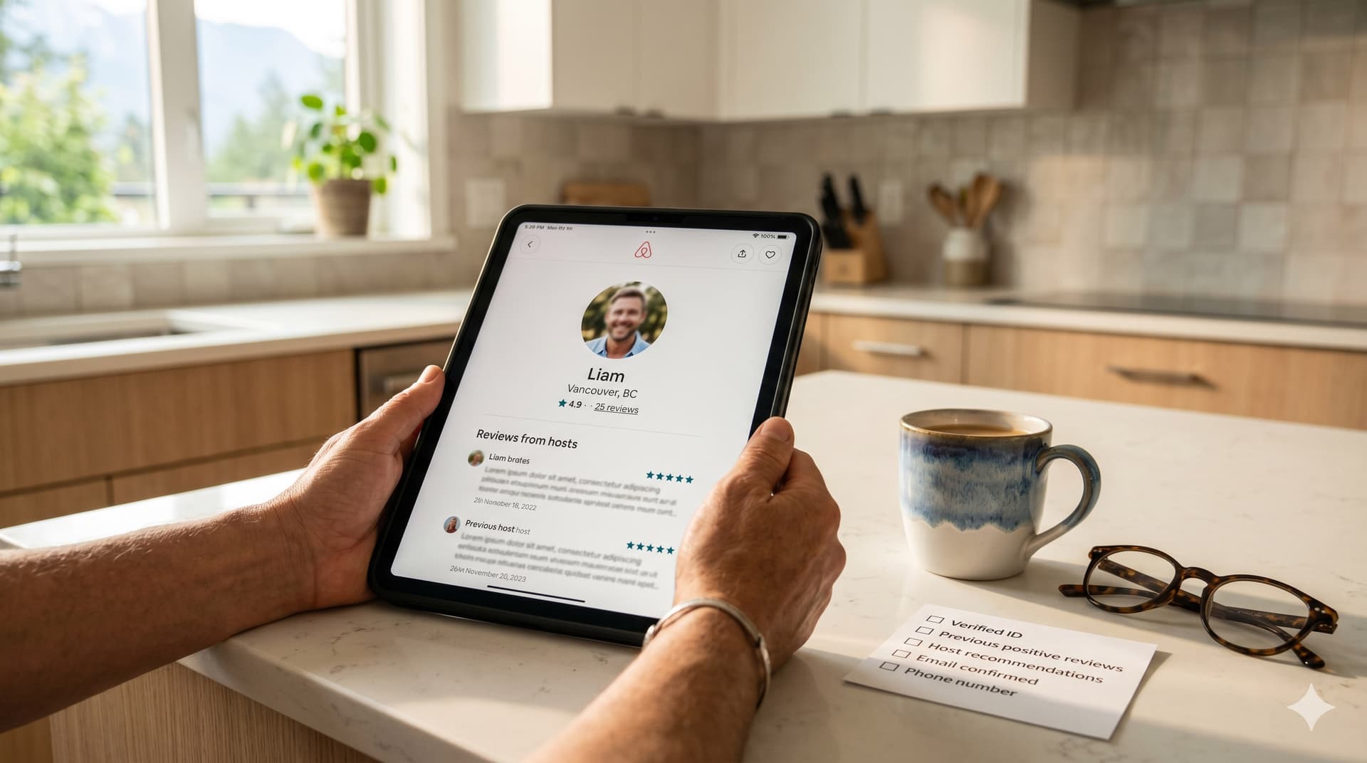 Host's hands holding a tablet reviewing an Airbnb guest profile with ratings and reviews, next to a printed screening checklist on a bright kitchen counter