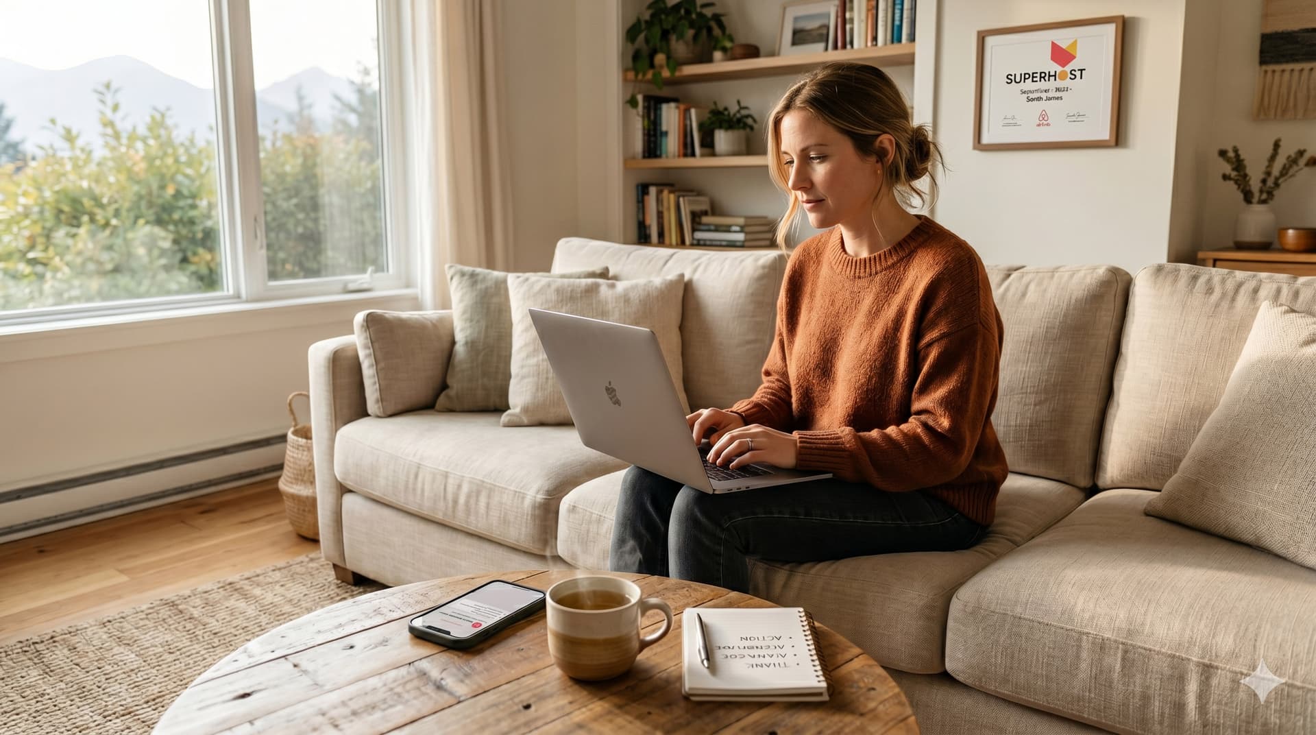 Vacation rental host sitting on a sofa typing a review response on her laptop, with a notebook reading "thank, acknowledge, action" on the coffee table and a Superhost certificate on the wall behind her