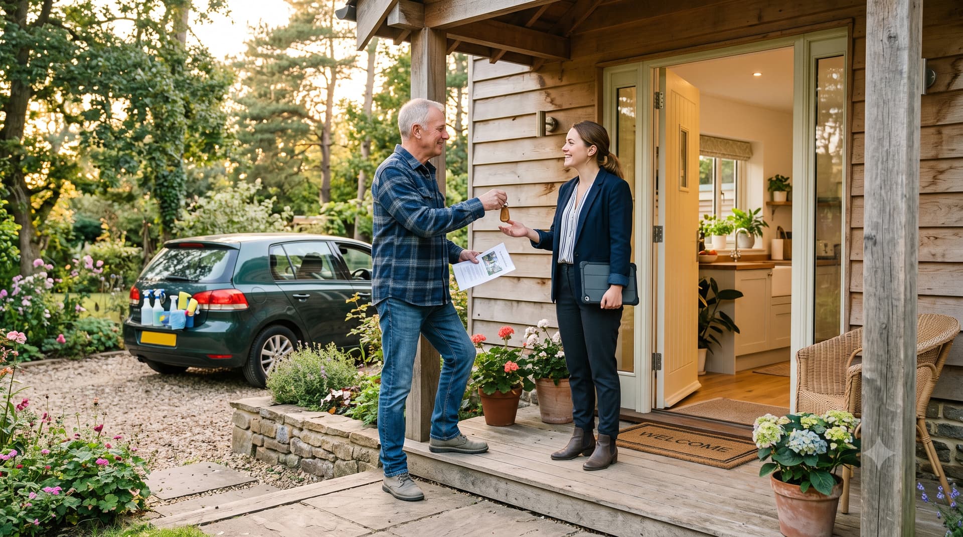 Property owner handing a set of keys and a property guide to a co-host on the front porch of a vacation rental cottage with a clean interior visible through the open door