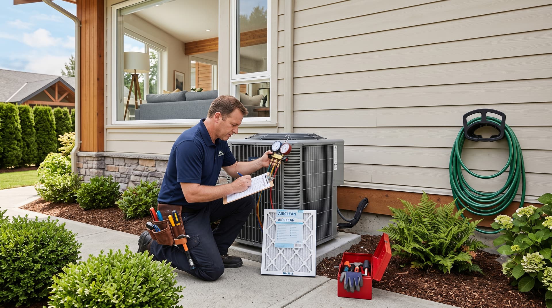 Maintenance technician inspecting an HVAC unit at a vacation rental property with a checklist clipboard, replacement filter, and toolbox, with a well-maintained exterior behind him