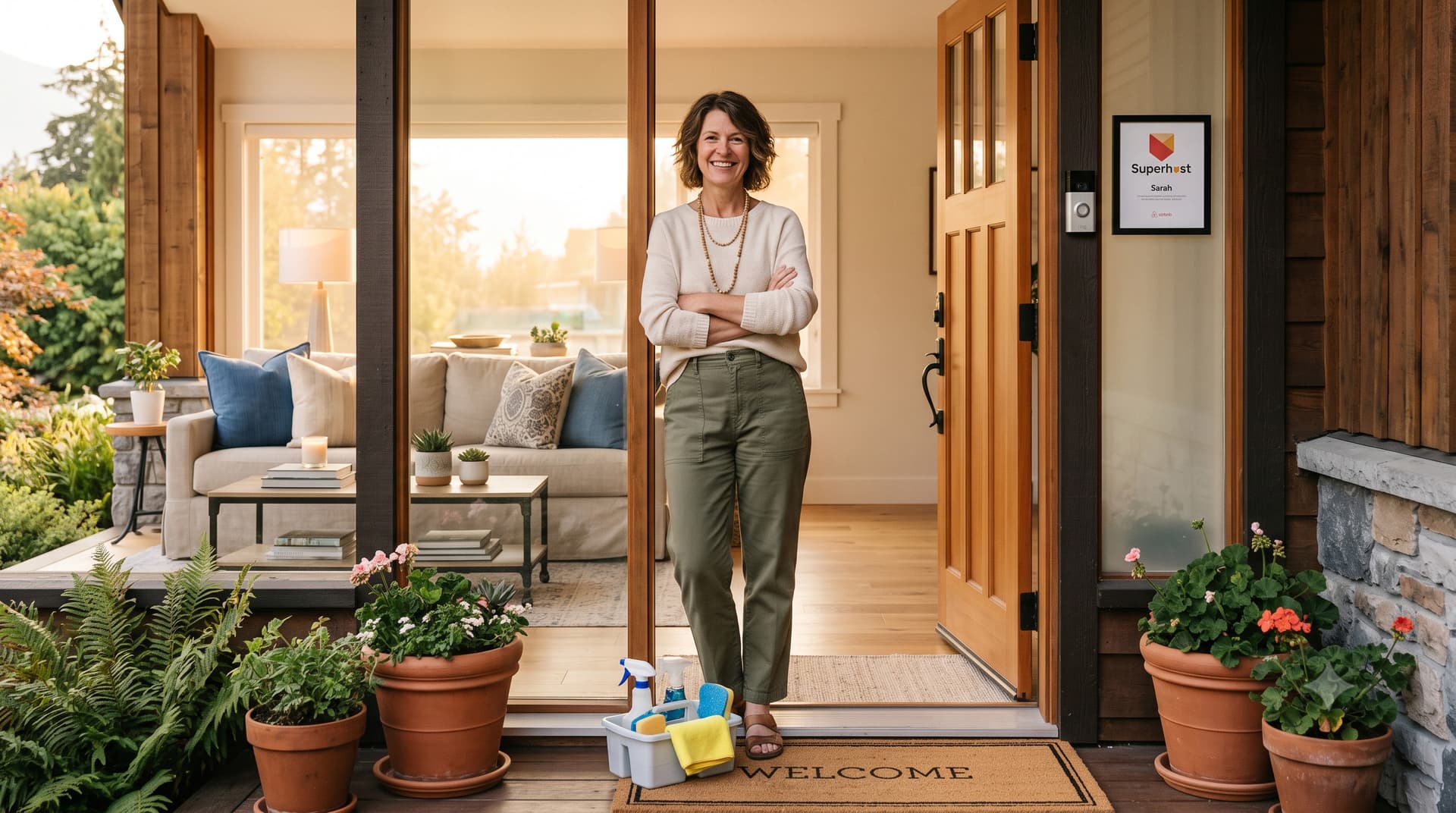Smiling Airbnb Superhost standing confidently in the doorway of her spotless vacation rental with a framed Superhost certificate on the wall and a cleaning caddy at her feet