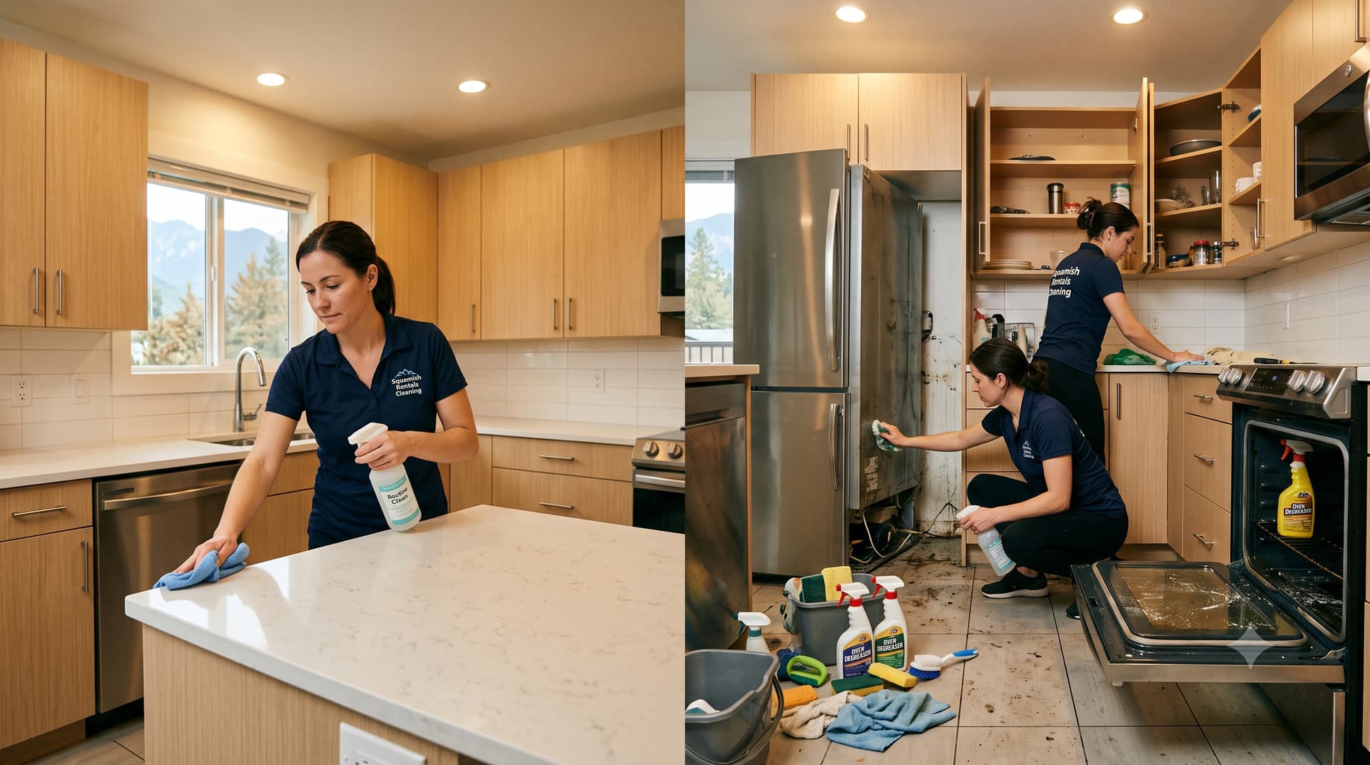 Split view of a vacation rental kitchen showing a quick turnover clean on the left versus an intensive deep clean with the refrigerator pulled out and oven open on the right