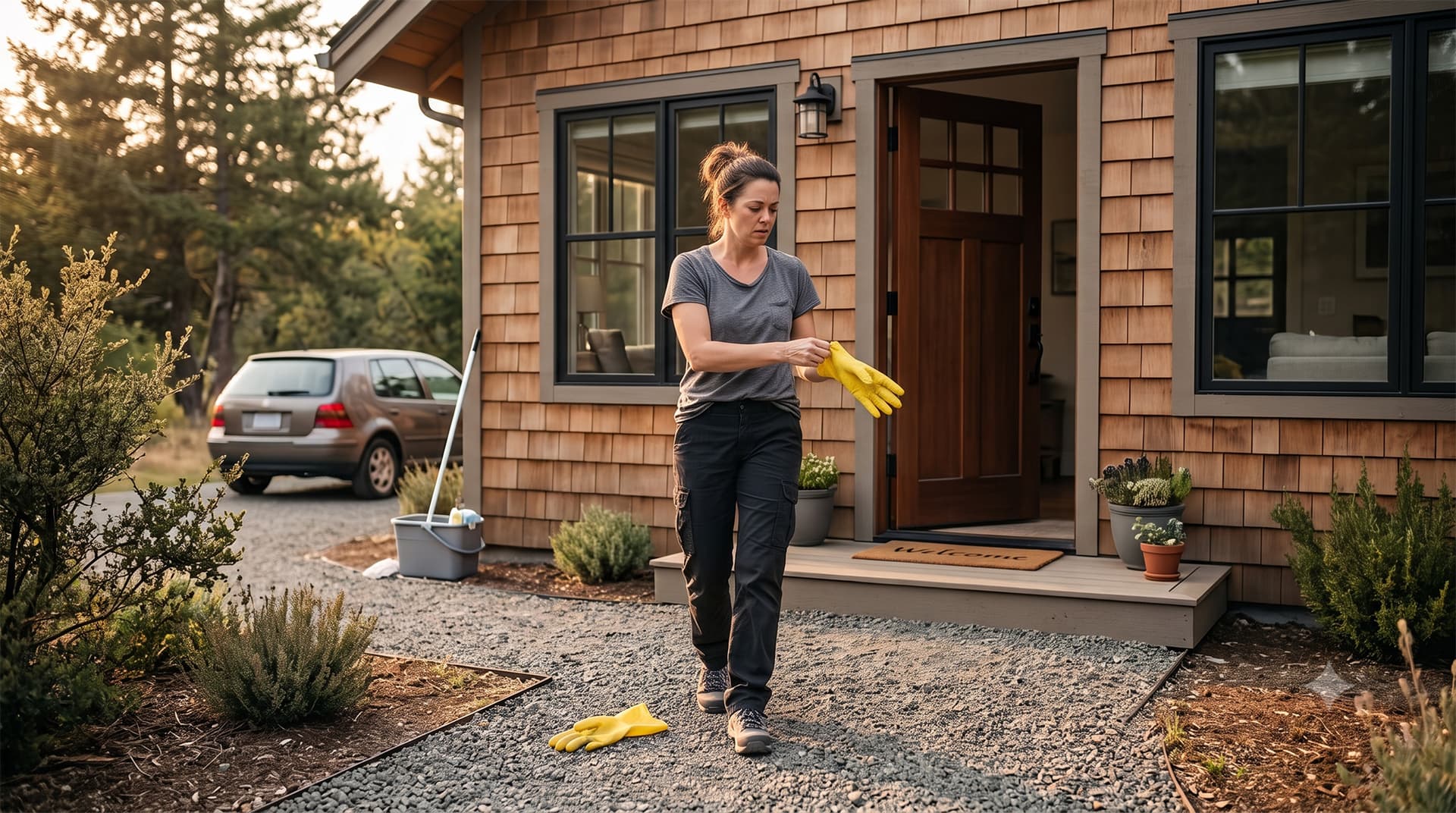 A cleaner leaves a rental, angry, throwing off her rubber gloves as she quits her job