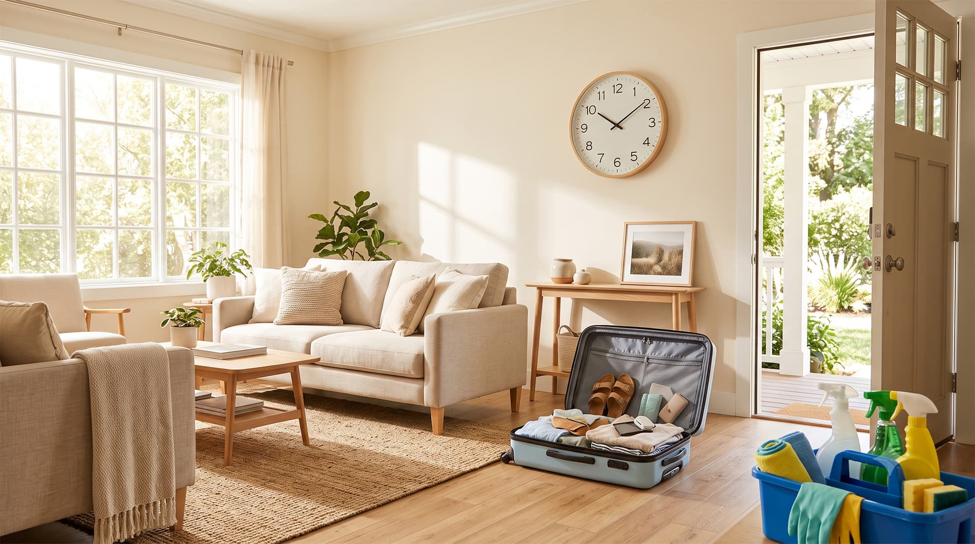 Wall clock in a sunlit vacation rental with a suitcase by the door and a cleaning caddy nearby.