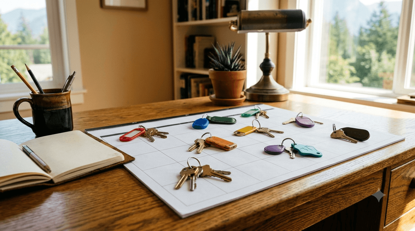 Several sets of house keys on coloured fobs scattered across a paper wall calendar on a sunlit desk.