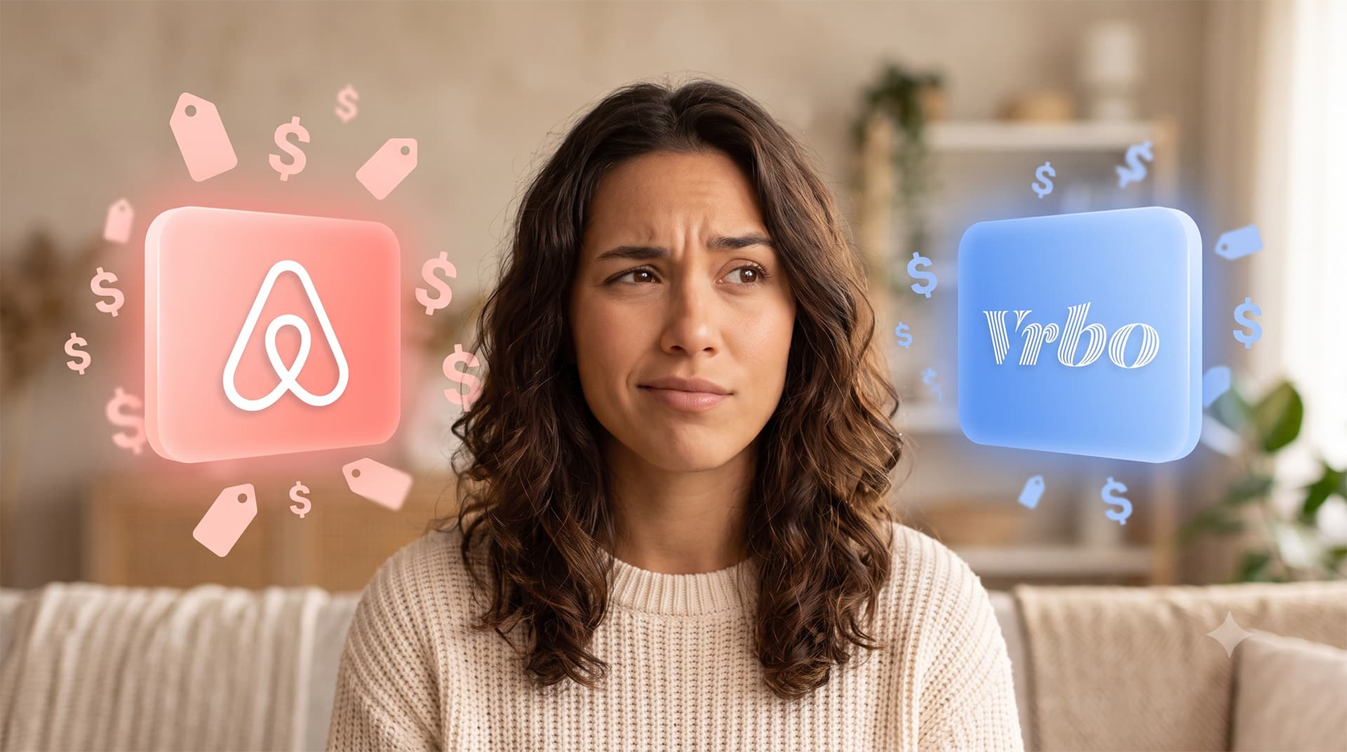A puzzled guest weighing two booking options, with dollar signs on each side suggesting a price comparison.
