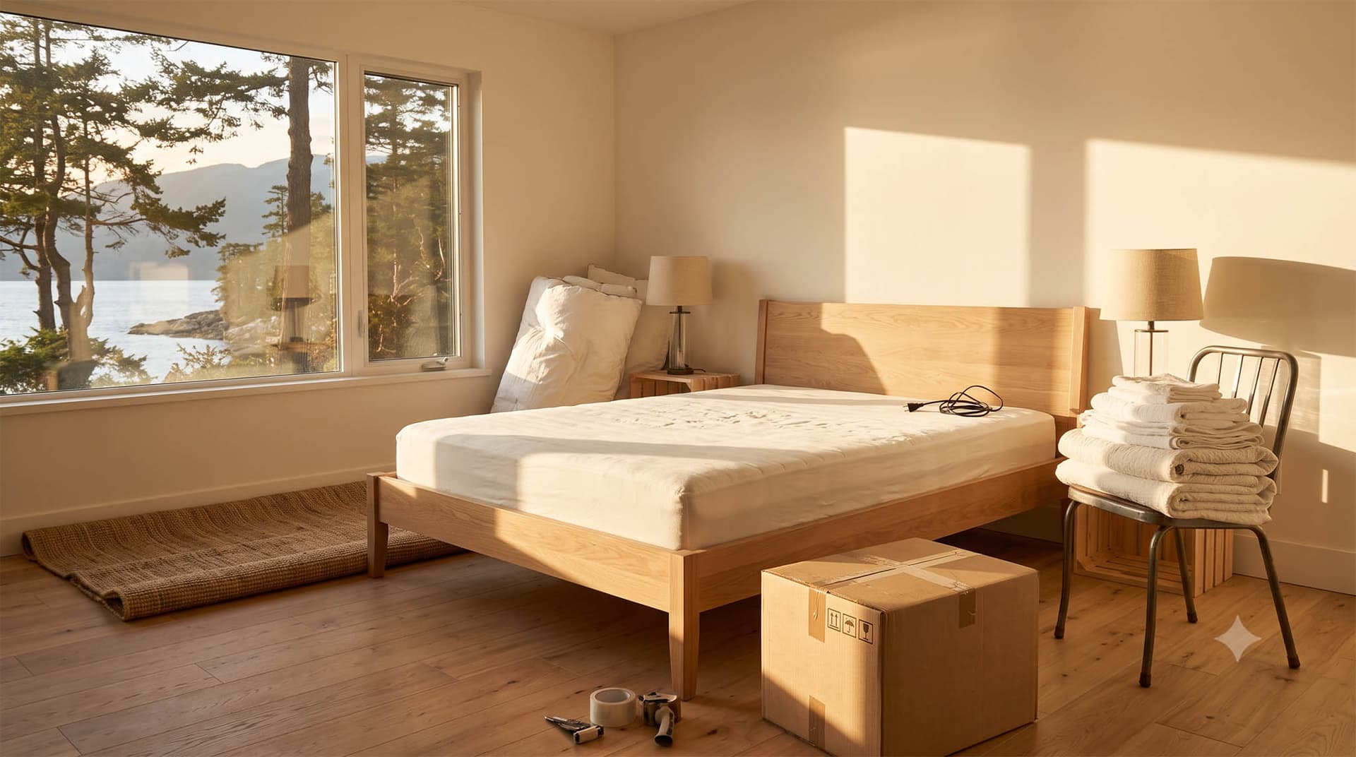 A partly furnished bedroom mid-setup with a bare mattress, folded linens on a chair and an unopened box.