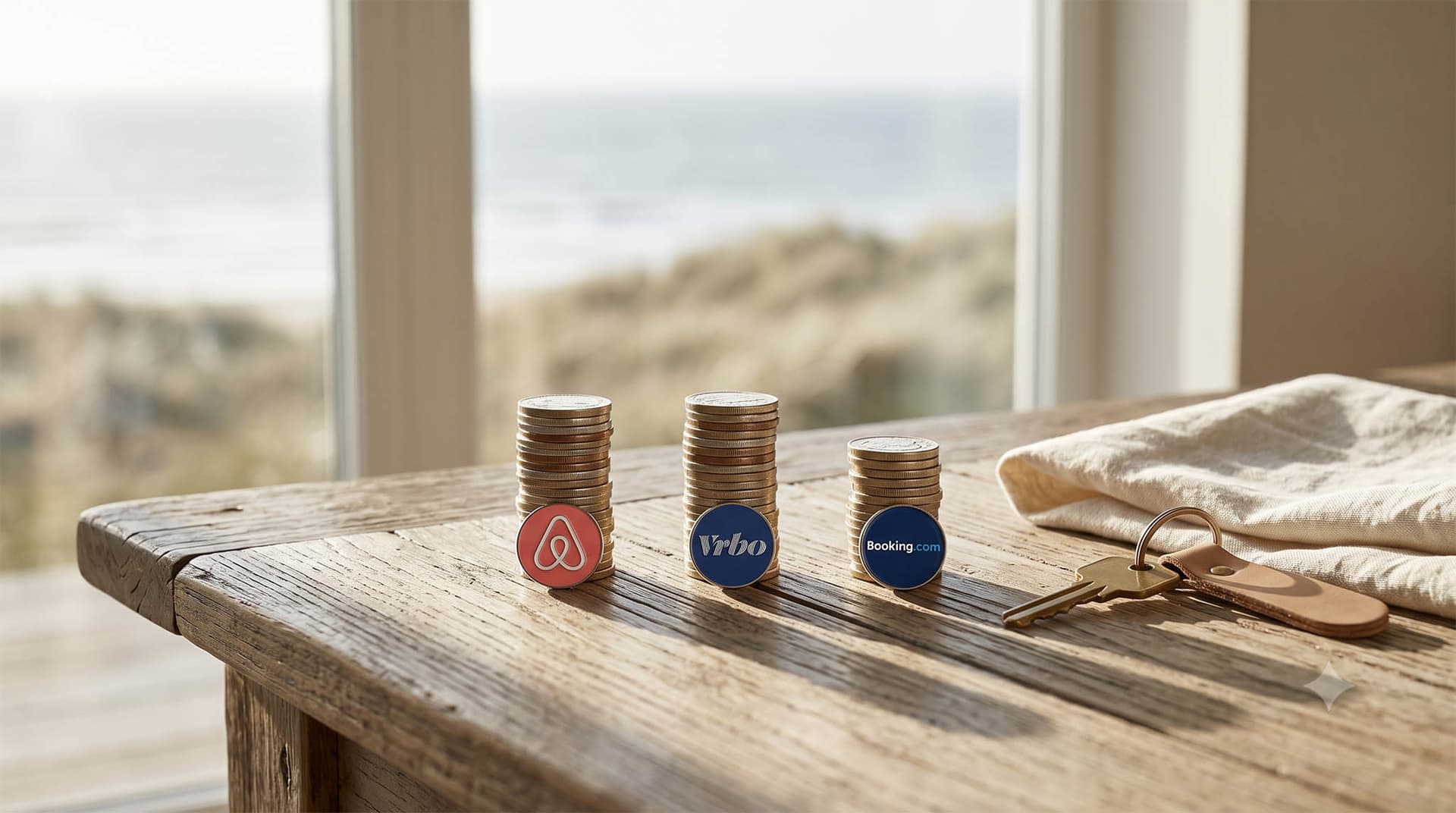 Coin stacks labelled Airbnb, Vrbo and Booking.com showing what each platform leaves the owner per booking.