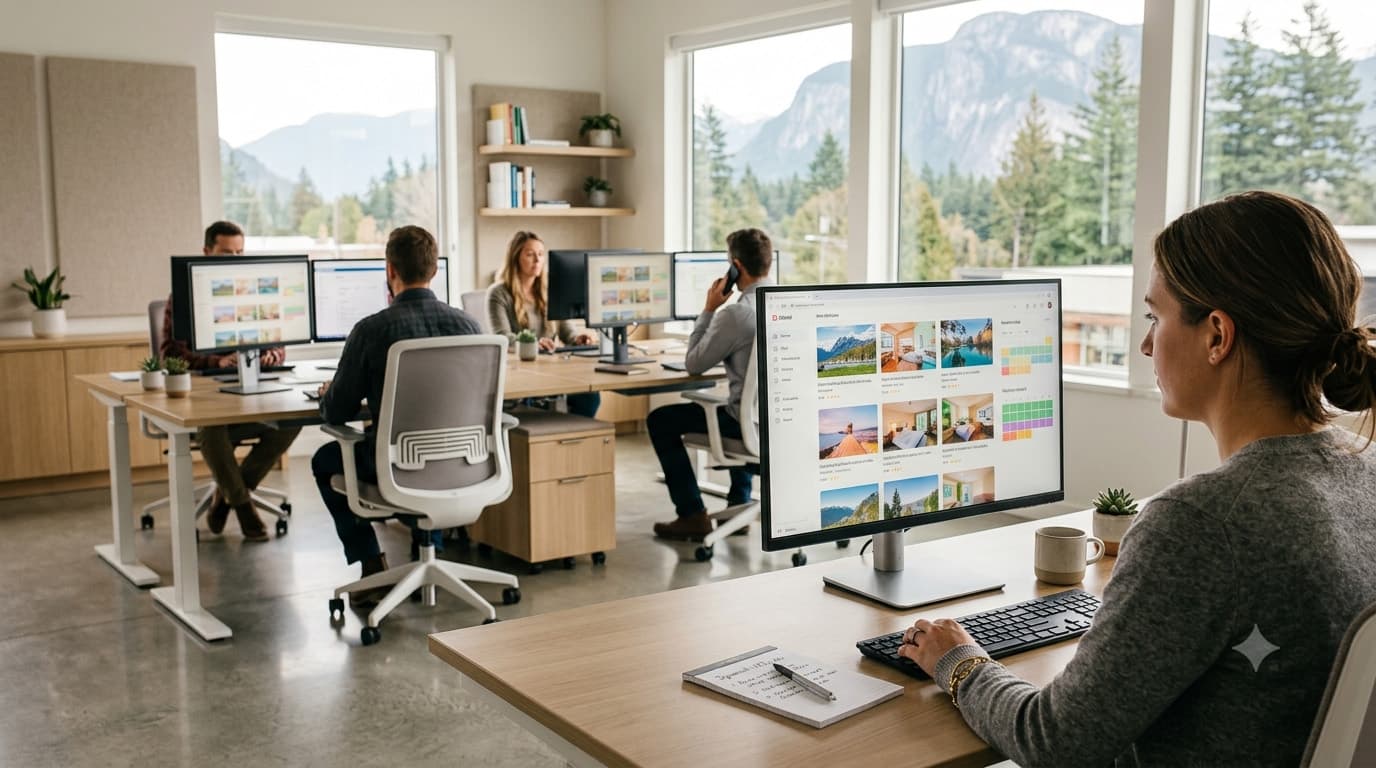Property manager reviewing a vacation rental listing on a monitor in a busy office, colleagues working at desks nearby.