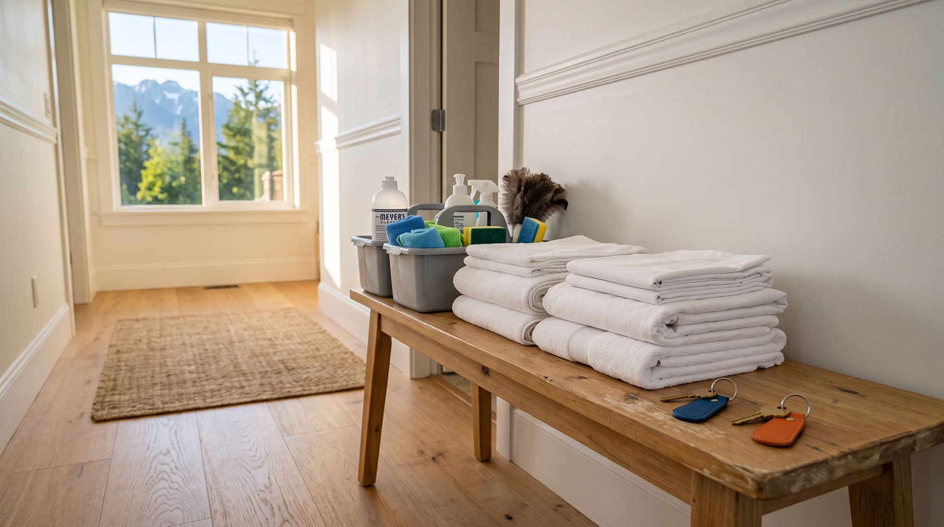 Two cleaning caddies and two stacks of folded linen on a sunlit hallway bench with two sets of keys.