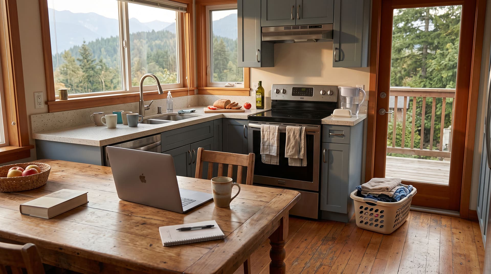 A lived-in vacation rental kitchen during a long stay with a laptop on the table and a laundry basket by the door.