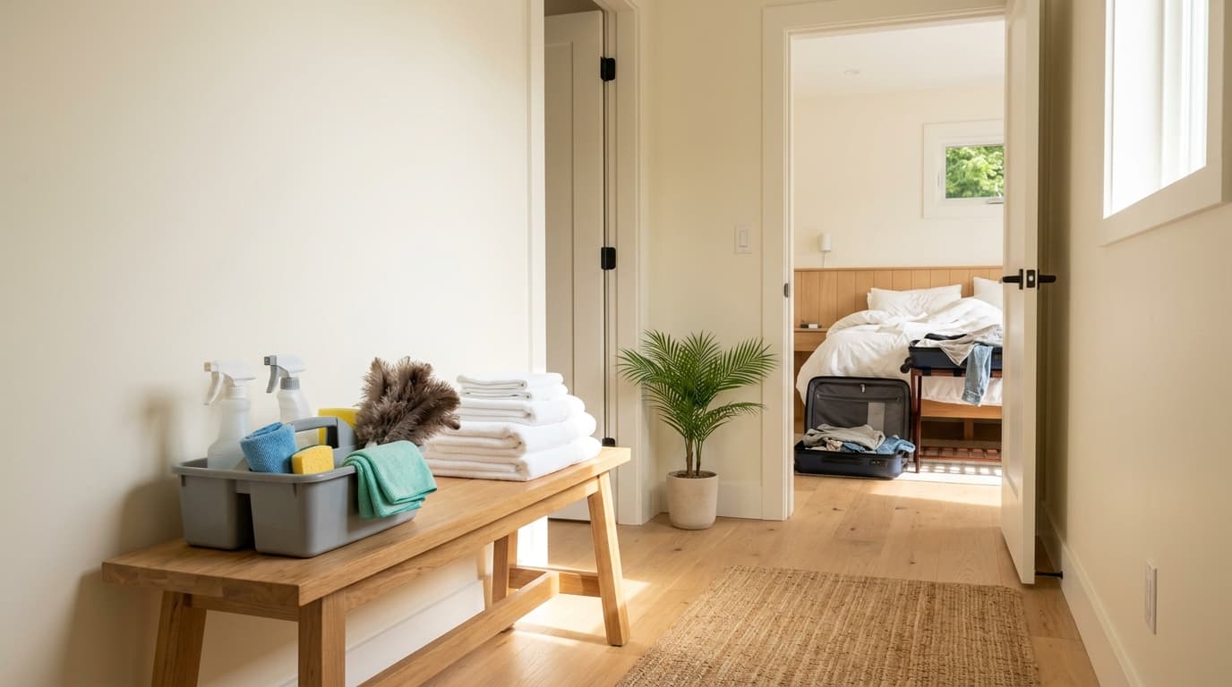 Cleaning supplies and fresh linens wait in a rental hallway beside a bedroom with an unmade bed and open suitcase
