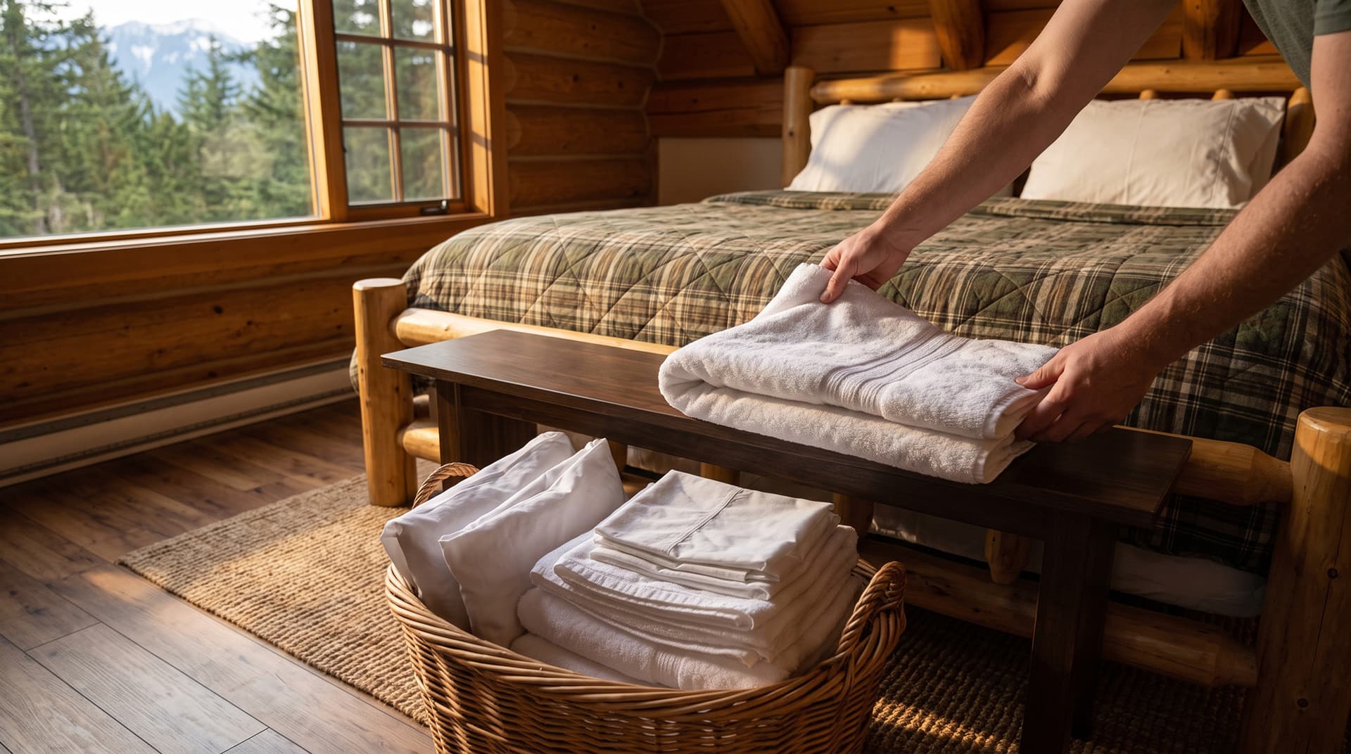 Hands folding a fresh towel at the foot of a newly made bed in a cabin-style vacation rental