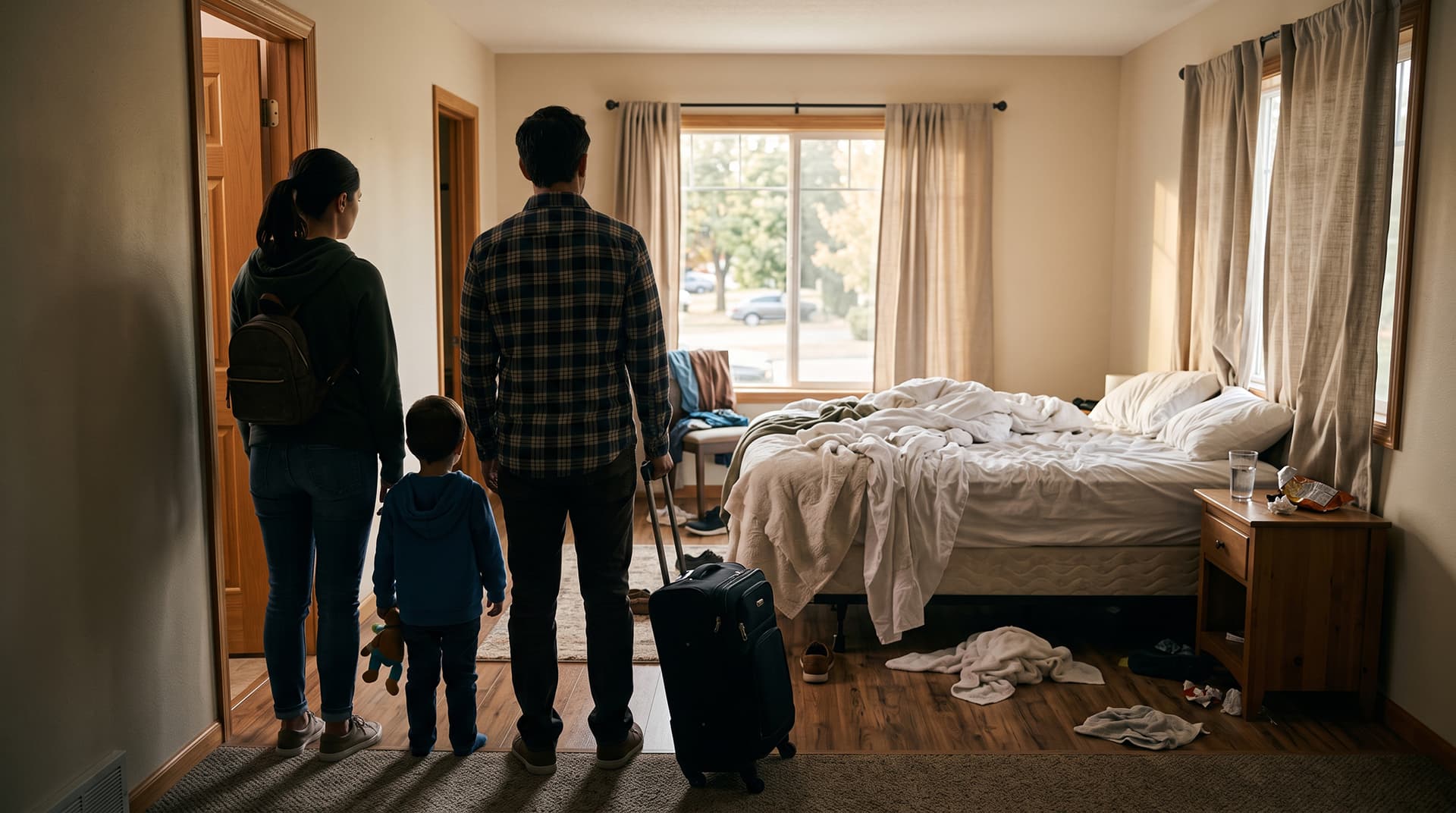 A family with luggage stands in a doorway, looking at an unmade rental bedroom with towels on the floor