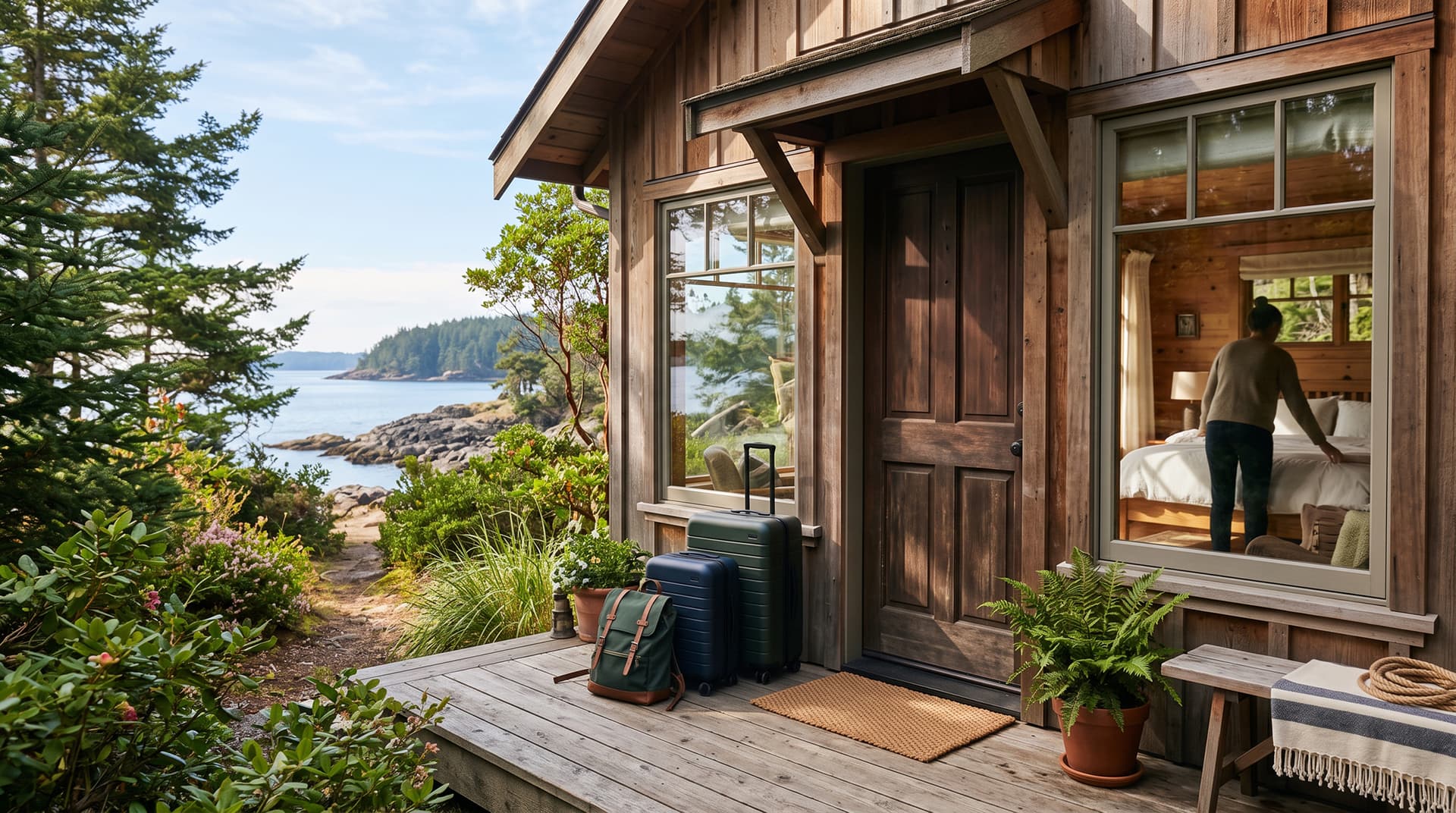 Suitcases waiting on a cabin porch while a cleaner makes the bed inside, seen through the window
