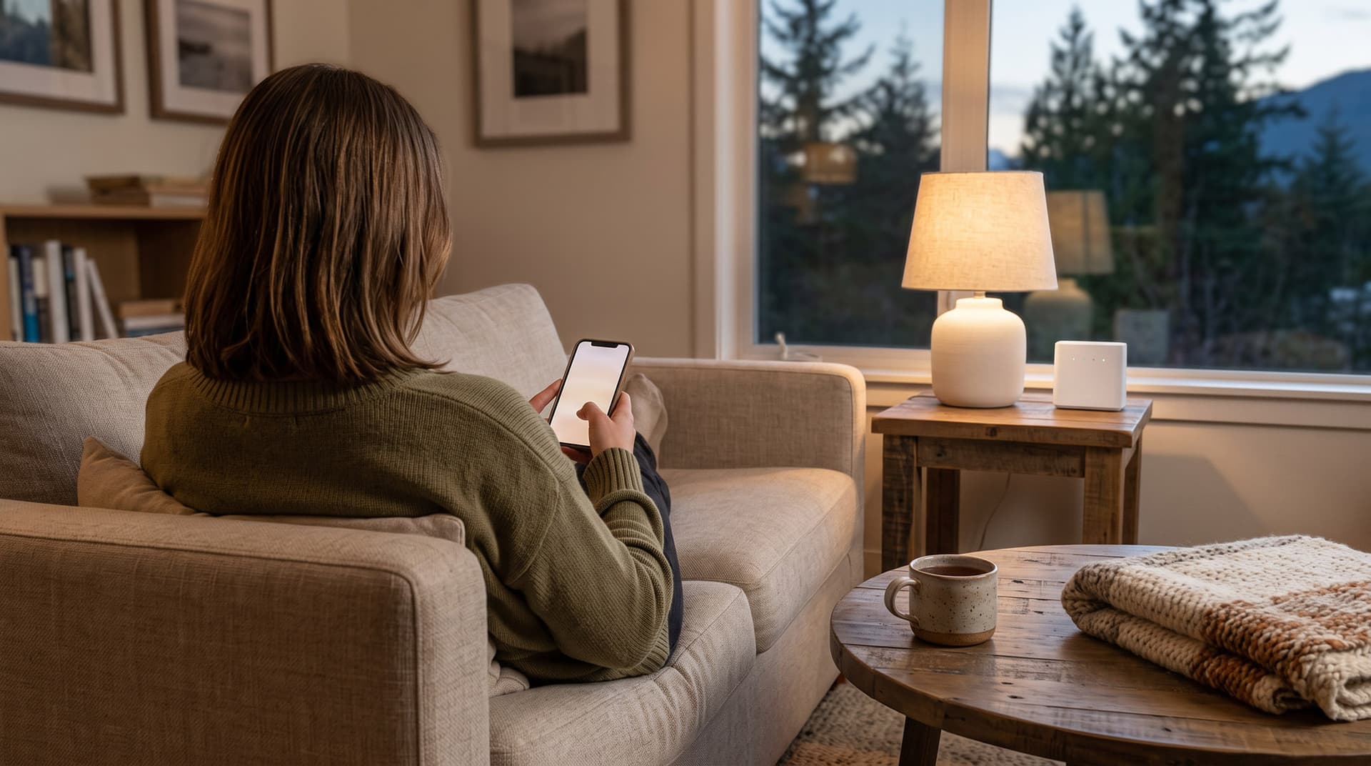 A guest relaxing on a rental sofa with a phone, a small WiFi router on the side table beside a lamp