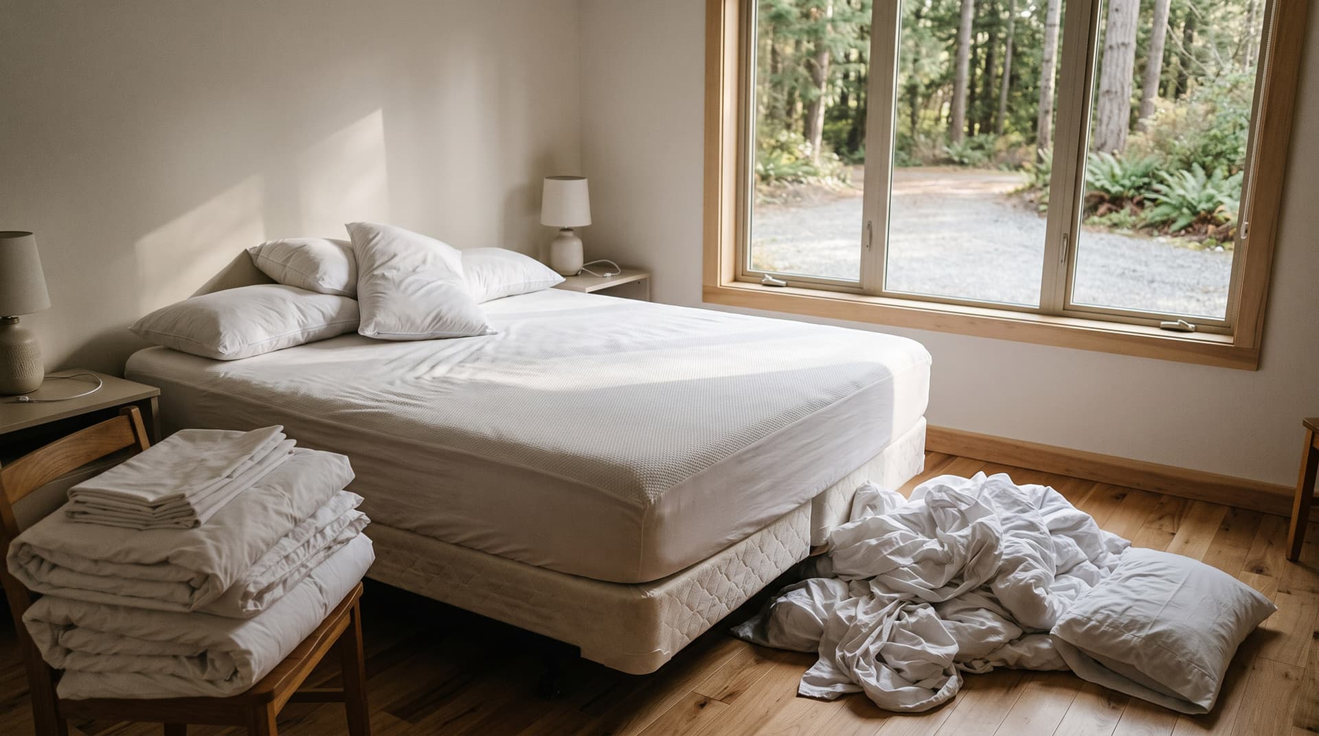 A stripped rental bed with used sheets on the floor and fresh linen waiting on a chair, an empty driveway outside