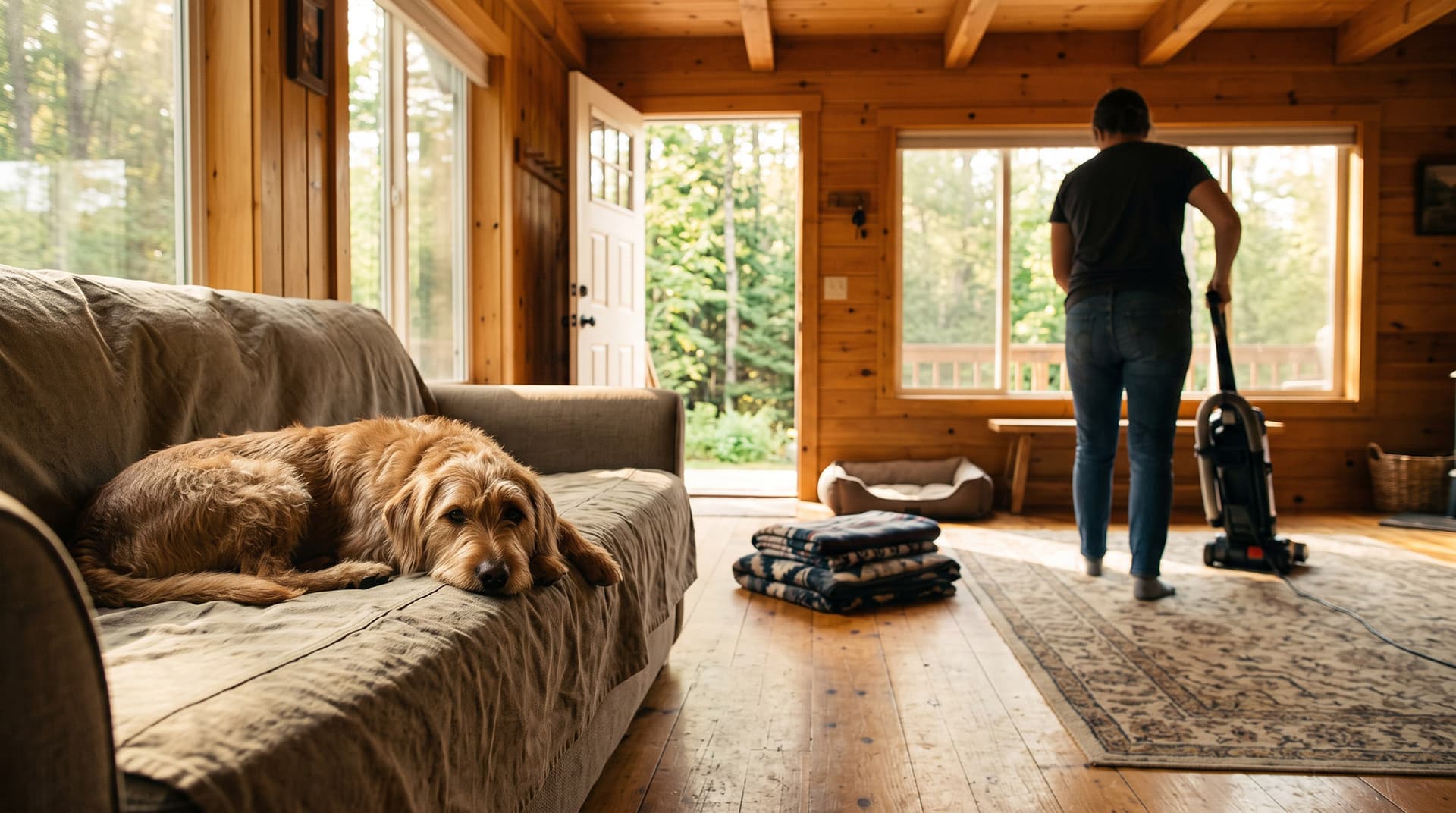 A dog resting on a covered sofa in a bright cabin while a cleaner vacuums the rug behind it