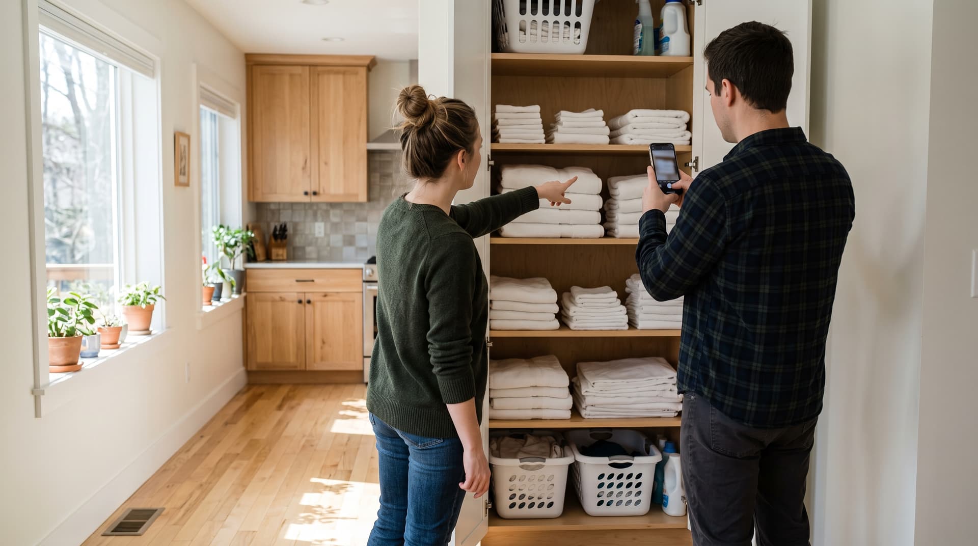A host showing a new cleaner the linen cupboard while the cleaner photographs the folded towels