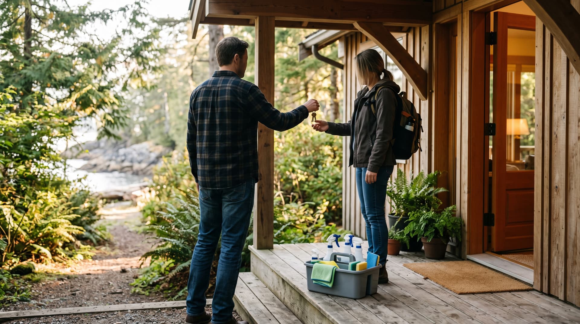 A host handing keys to a cleaner at the door of a coastal cabin, a cleaning caddy on the step beside them