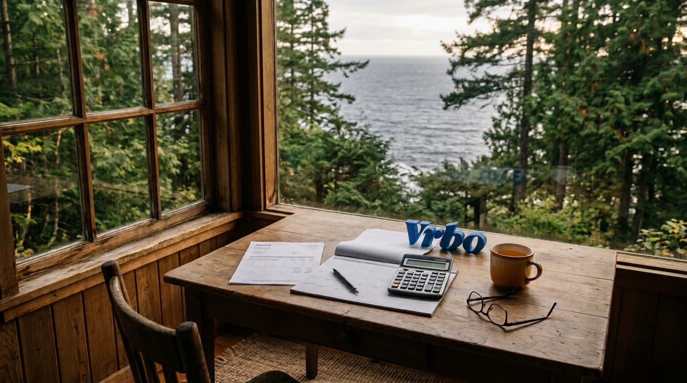 Desk by a cabin window with an invoice, a calendar page, a calculator and a cup of tea in afternoon light