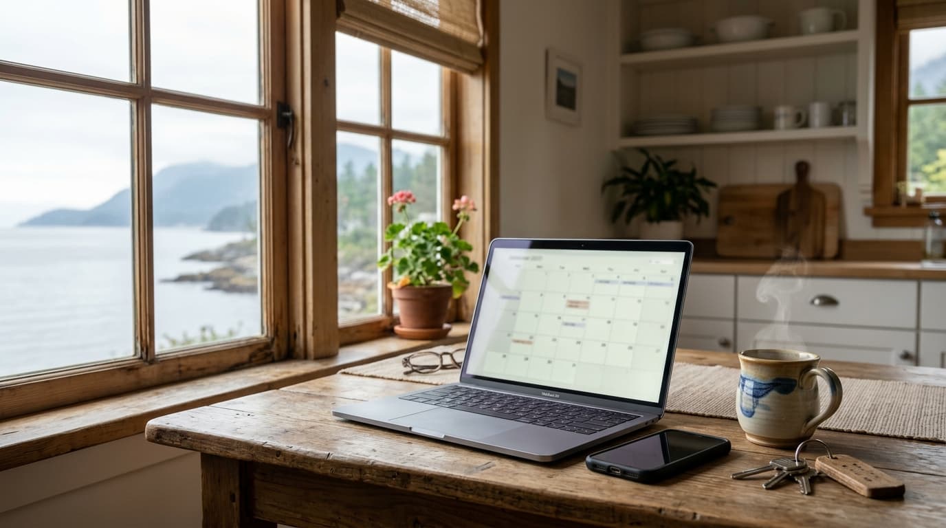 Laptop with a blurred calendar on a kitchen table beside a phone, coffee mug and house keys in morning light